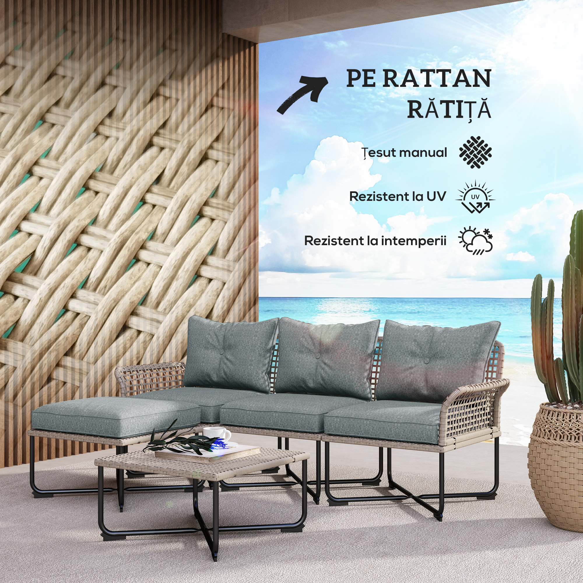 Outsunny Set de Grădină 5p din Ratan cu 3 Scaune și 2 Mese | Aosom