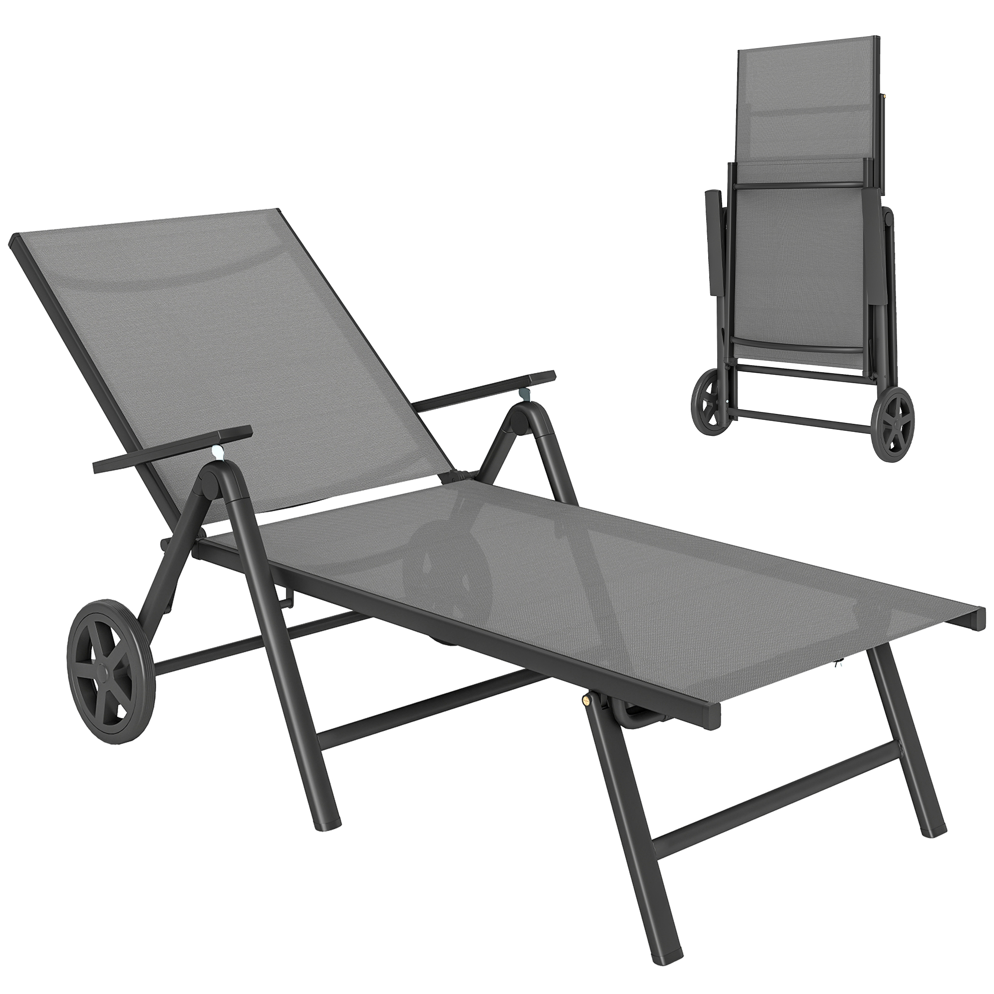 Outsunny Folding Sun Lounger with Wheels, 5-Position Adjustable Garden Chaise Lounge Sunbed with Armrests, Metal Frame Outdoor Portable Reclining Chair for Beach, Porch, Grey