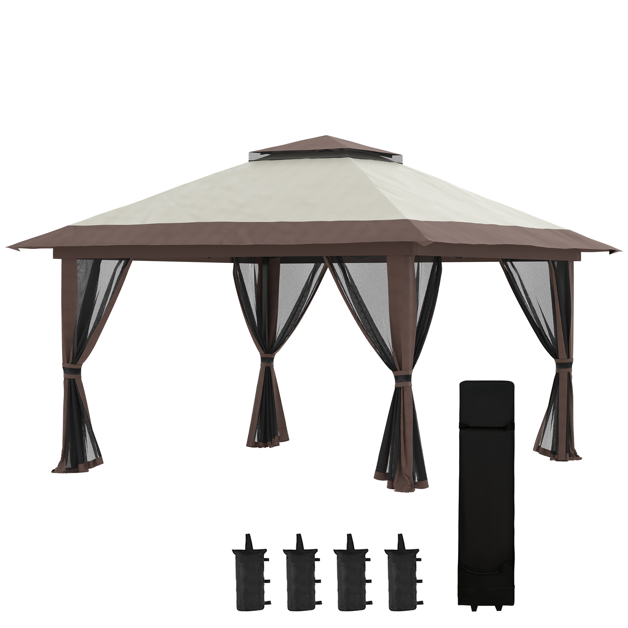 Outsunny Pavilion Pliabil Pop-Up 4x4 m cu Înălțime Reglabilă pe 3 Niveluri, Pavilion de Exterior cu Plasă de Țânțari, Saci de Nisip, Geantă de Transport, UV50+, pentru Grădină, Camping, Petreceri, Bej | Aosom Romania