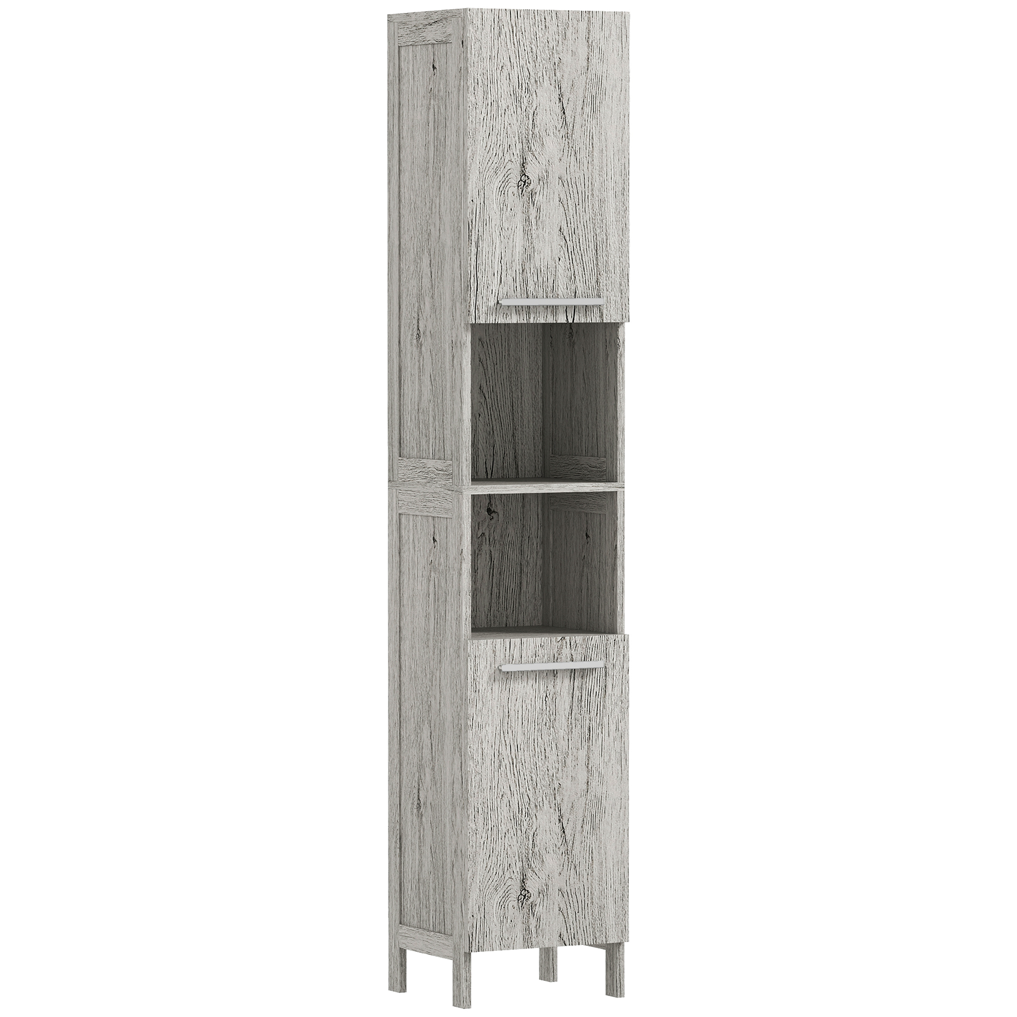 kleankin Badezimmerschrank, Hochschrank, Badschrank mit Türen, Aufbewahrungsschrank mit 2 offener Regalfächern, Toilettenschrank mit Kippschutz, Grau, 30 x 32 x 172,5 cm Aosom
