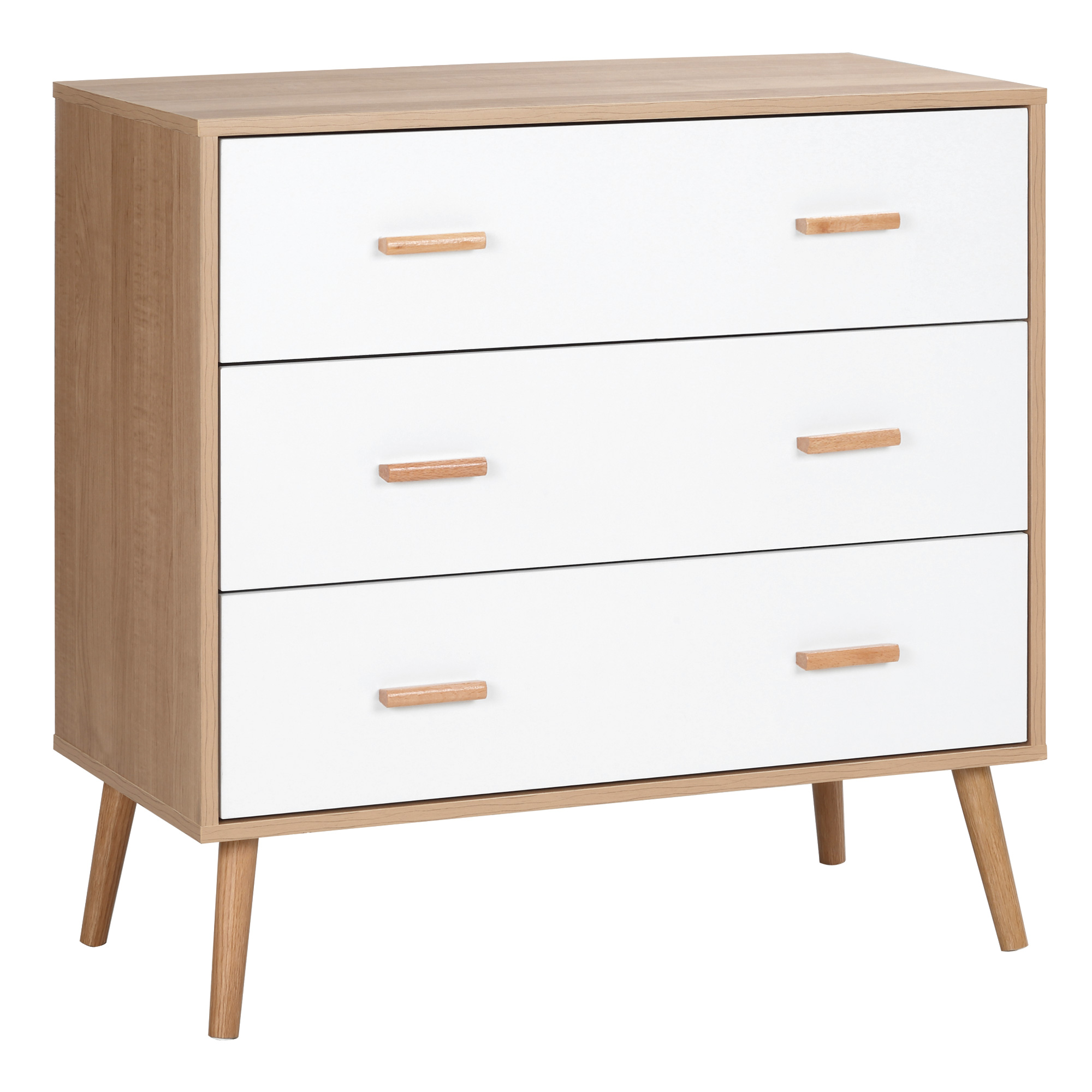 HOMCOM Kommode mit 3 Schubladen Sideboard Schubladenkommode Schrank Mehrzweckschrank Wohnzimmer Esszimmer Skandi-Design Weiß+Natur 80 x 39 x 80 cm Aosom