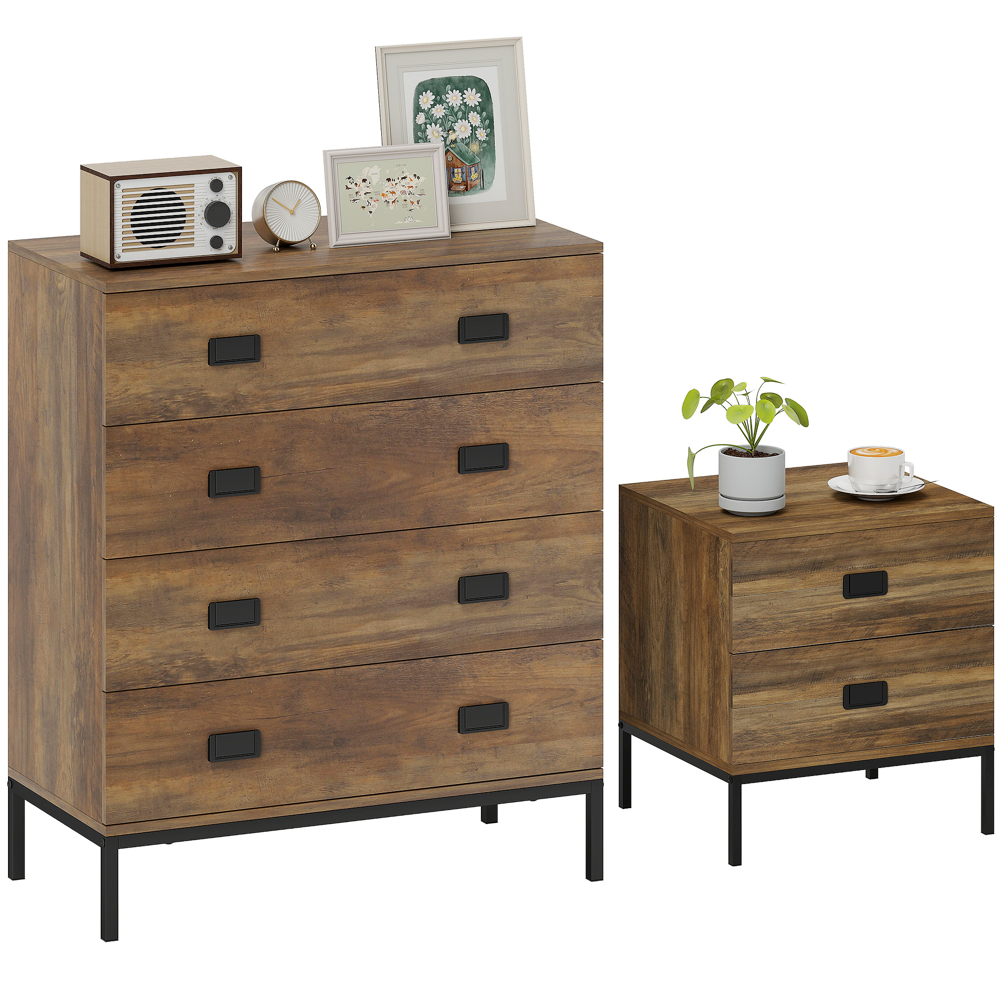 HOMCOM Chest of Drawers, Bedside Table Set with Drawers, Coffee