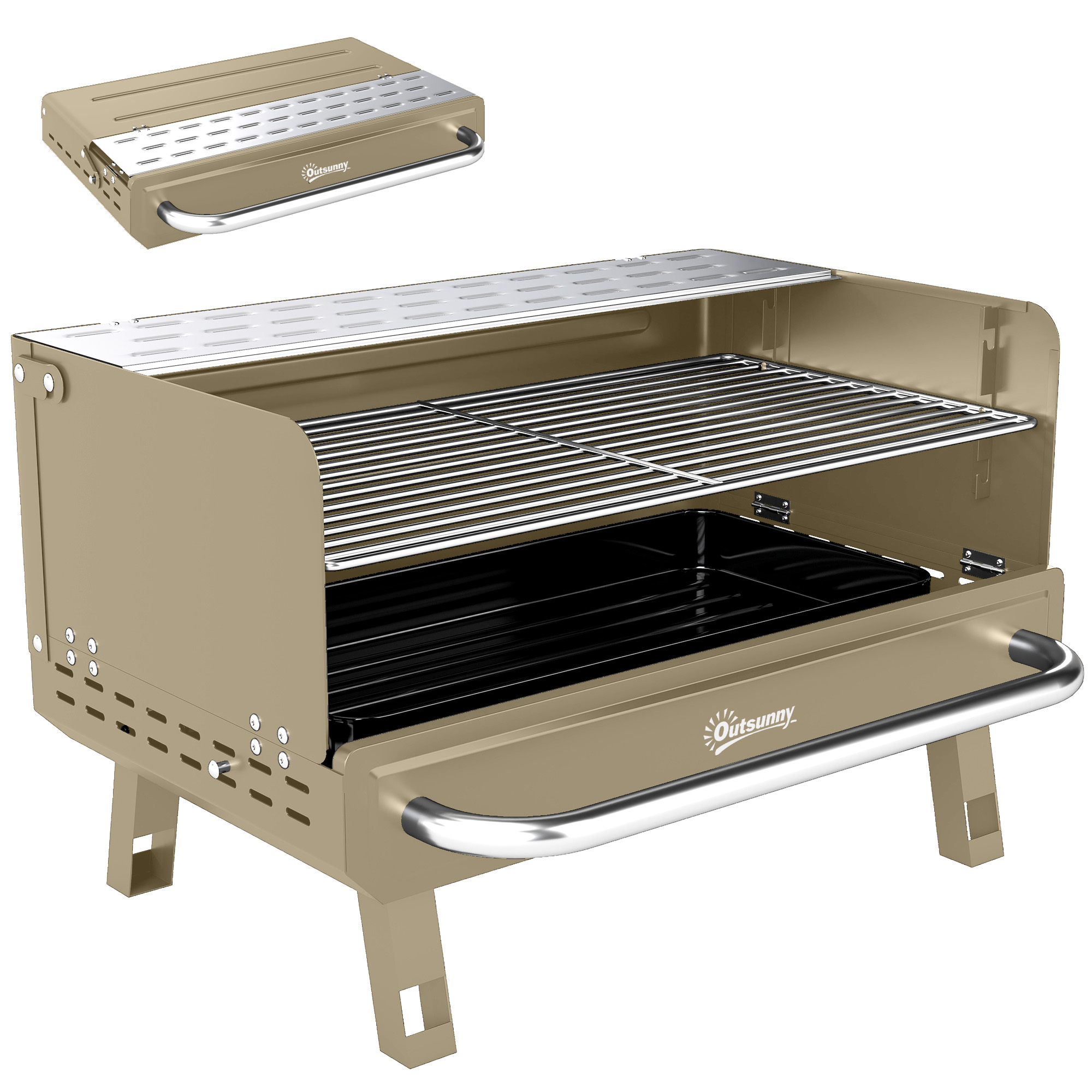 Outsunny Khaki Portable Bbq Grill, Charcoal Barbecue Grill With Adjustable Grates, Foldable Legs, Side Shelf For Camping Travel,