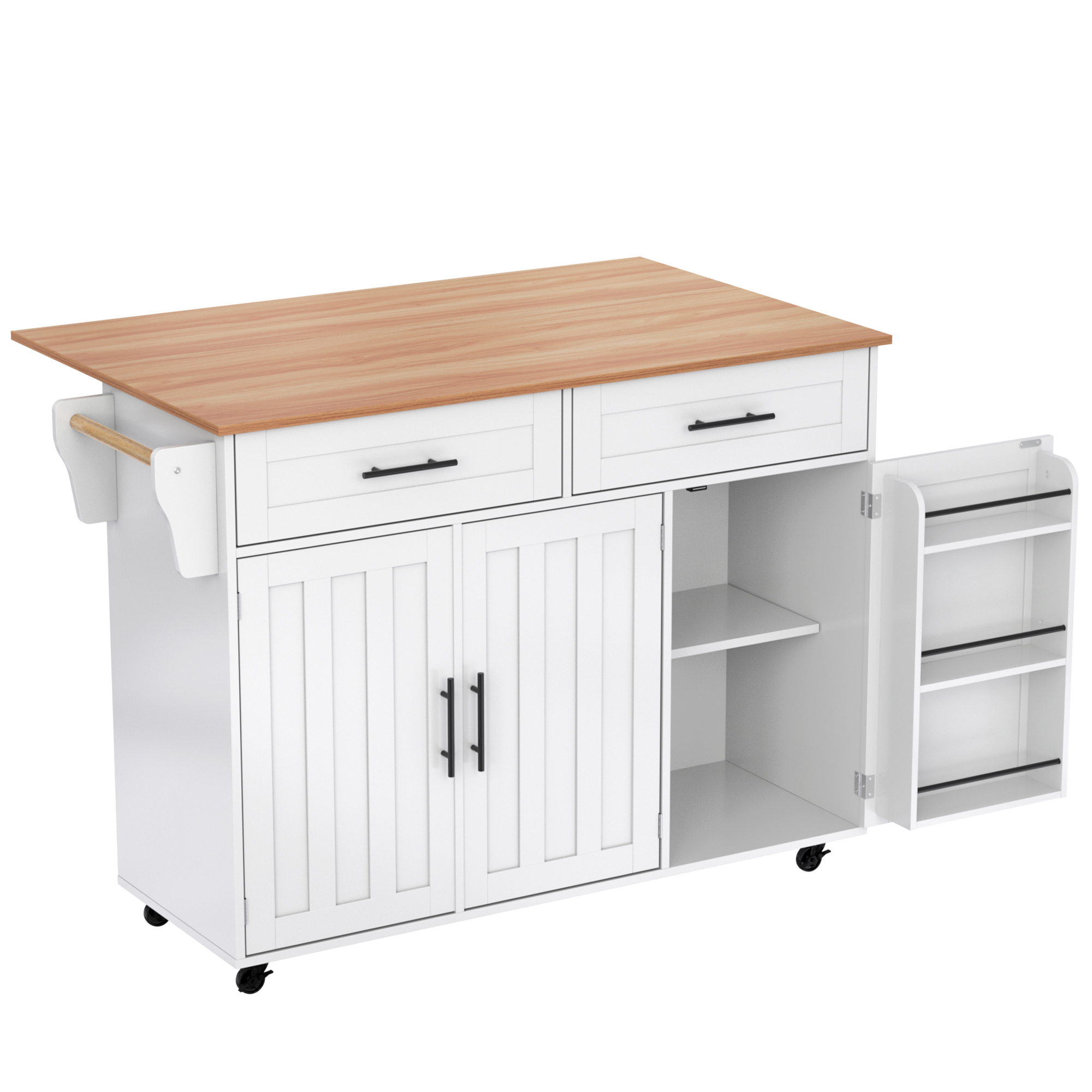 Isla de cocina grande con tablero extensible abatible, 5 ruedas (2 con freno) , 129x46/71x91,5 cm, Blanco+Color natural | Aosom España