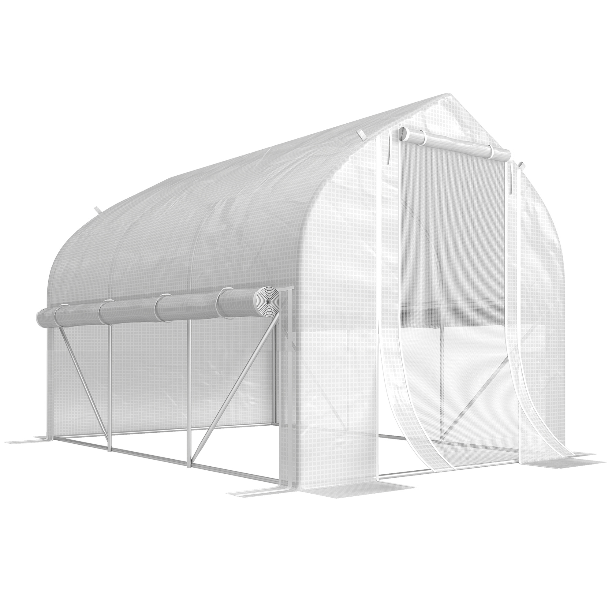 Outsunny 3 x 2m Walk-in Polytunnel Greenhouse, Zipped Roll Up Sidewalls, Mesh Door, Mesh Windows, Tunnel Warm House Tent w/ PE Cover, White   Aosom UK