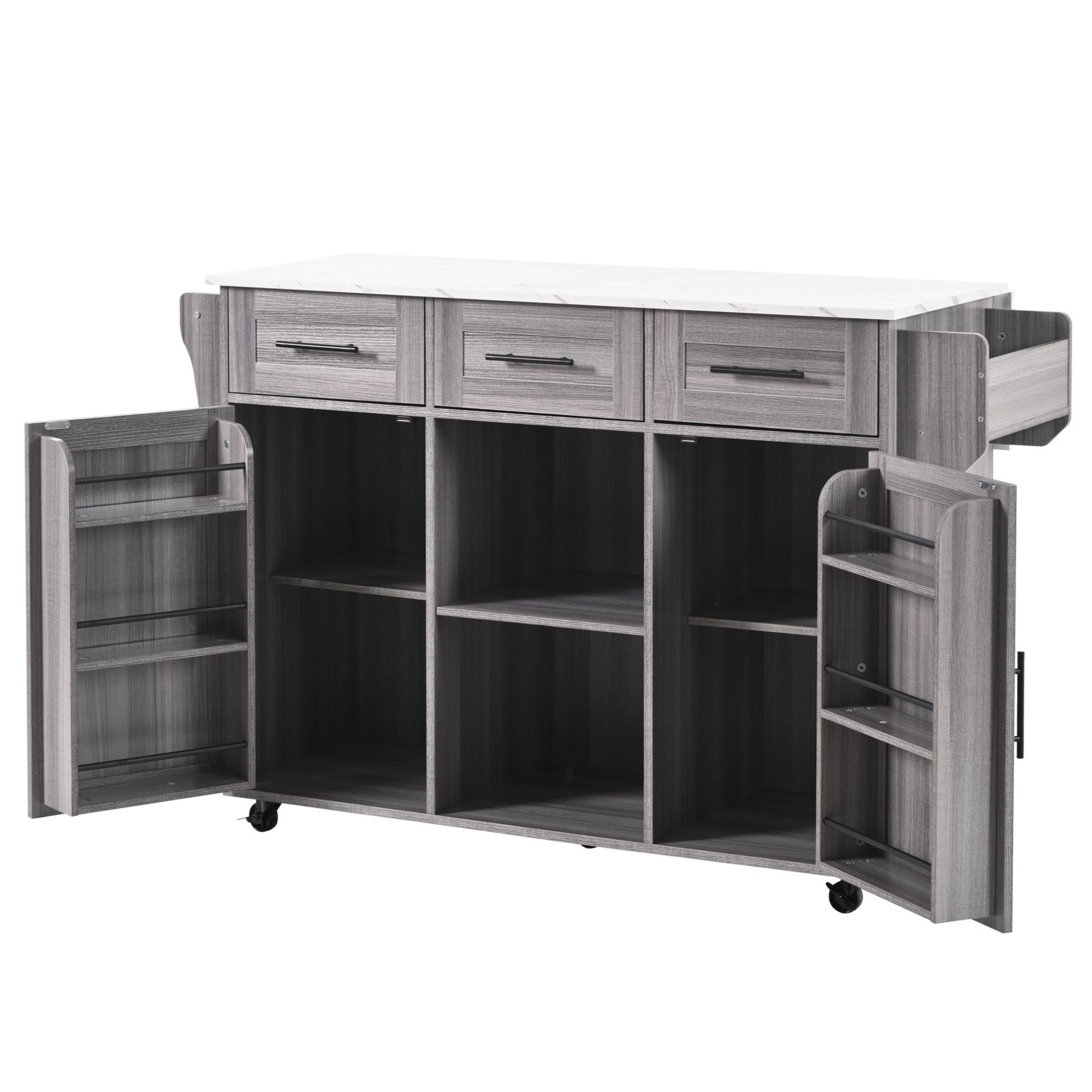 Isla de cocina grande con 3 cajones, puertas de almacenaje, estantes regulables y toallero, 139x46/71x91,5 cm, Gris | Aosom España