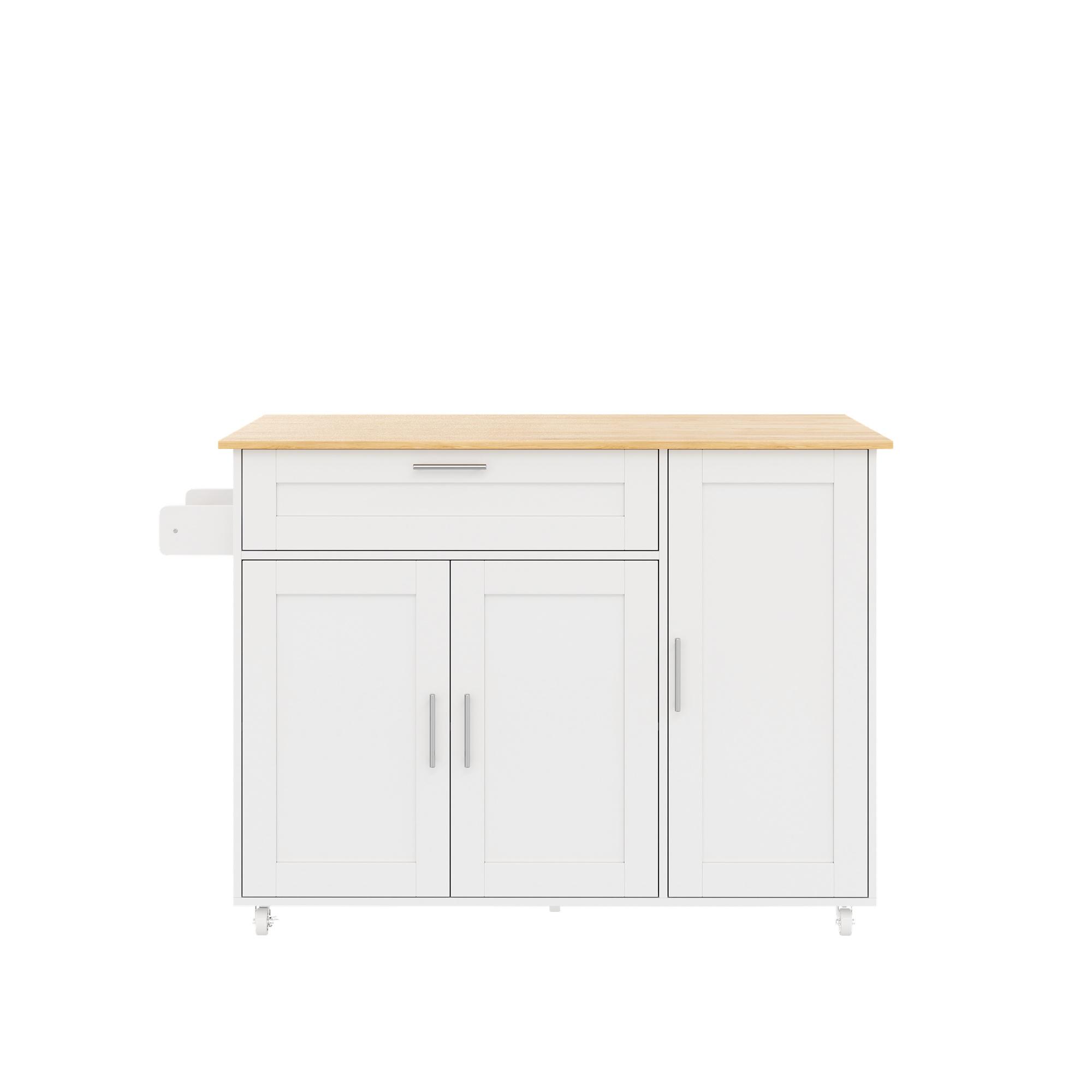 Mesa de cocina móvil con encimera abatible, cajón, estante para especias, toallero, 132,5x44/70x90 cm, Blanco+Color natural | Aosom España