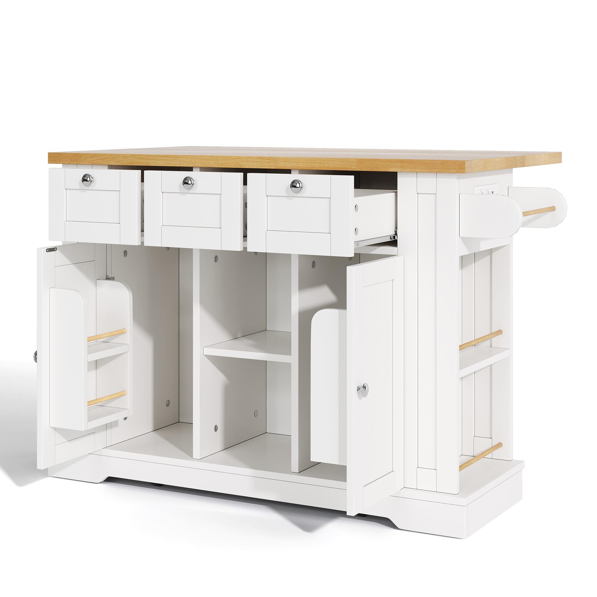 Isla de cocina móvil con encimera abatible, tres cajones y dos compartimentos de armario, 132x40/70x87 cm, Blanco | Aosom España