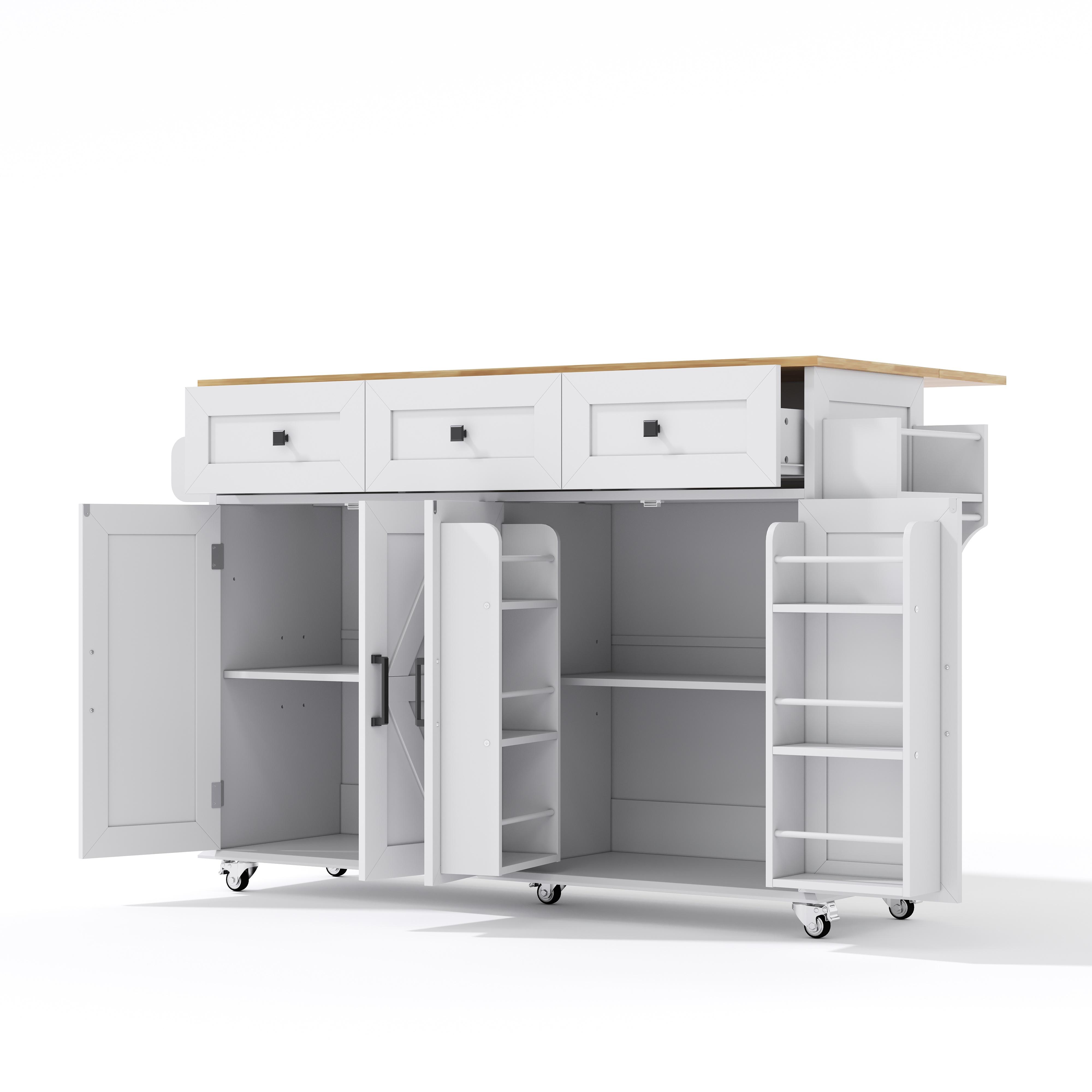 Isla de cocina con encimera abatible, 4 puertas, 3 cajones, toalleros dobles, diseño estilo granero, 140x43/70x90,5 cm, Blanco+Color natural | Aosom España