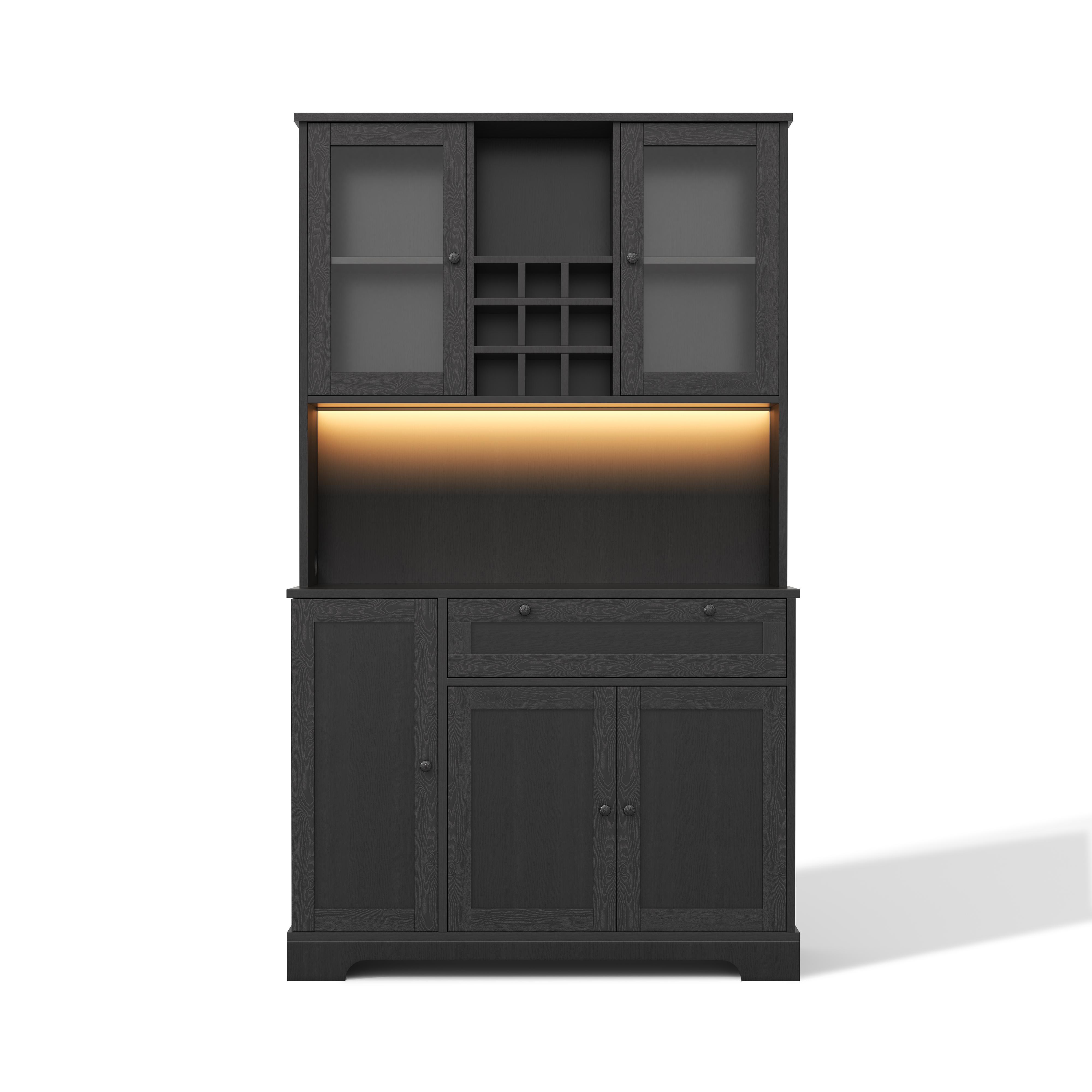 Armario alto de cocina con vitrina, cinco puertas, un cajón, baldas ajustables, 105x40x180 cm, Negro | Aosom España