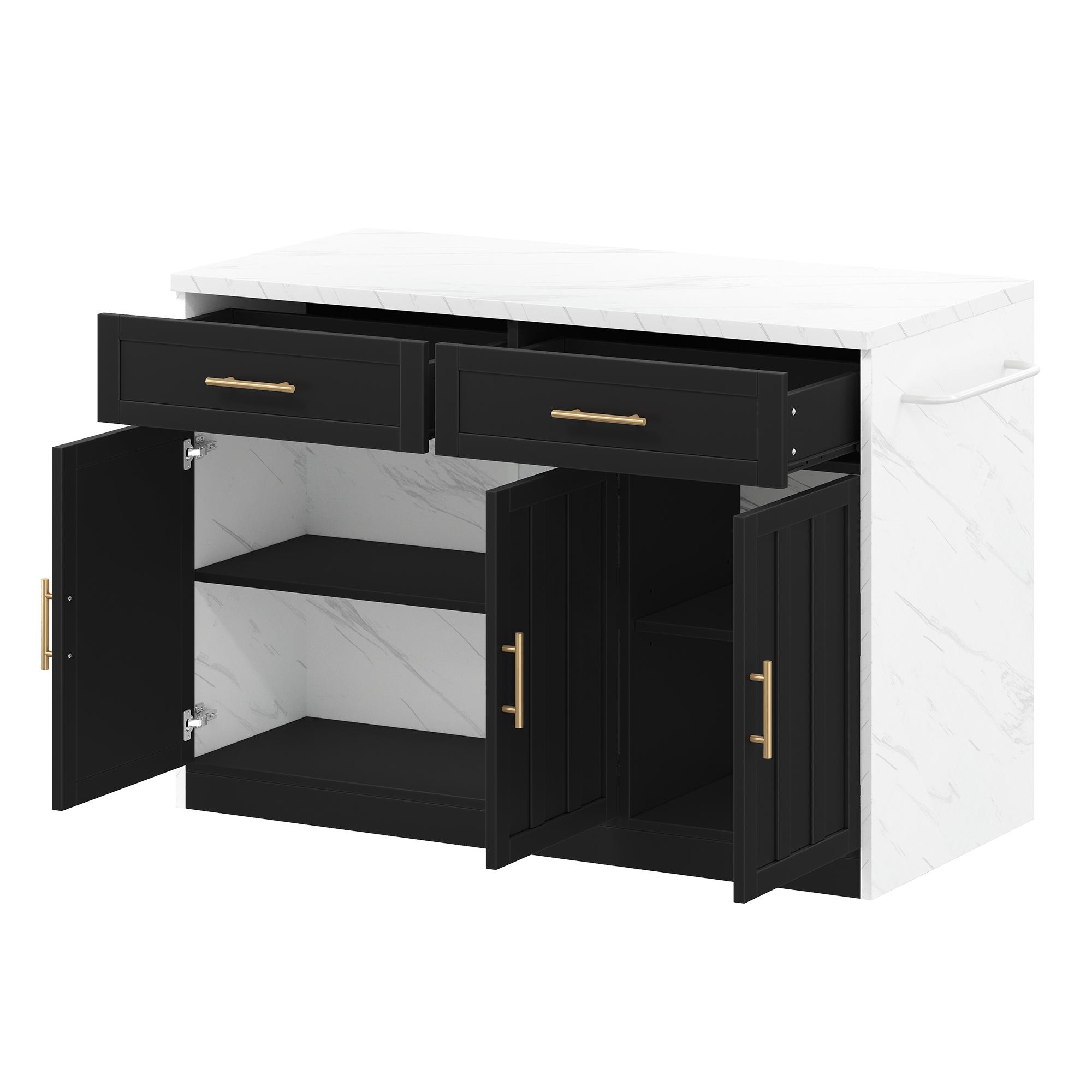 Isla de cocina con barra, con 2 cajones y 3 puertas, tiradores metálicos, toallero, 120x60x91 cm, Negro | Aosom España
