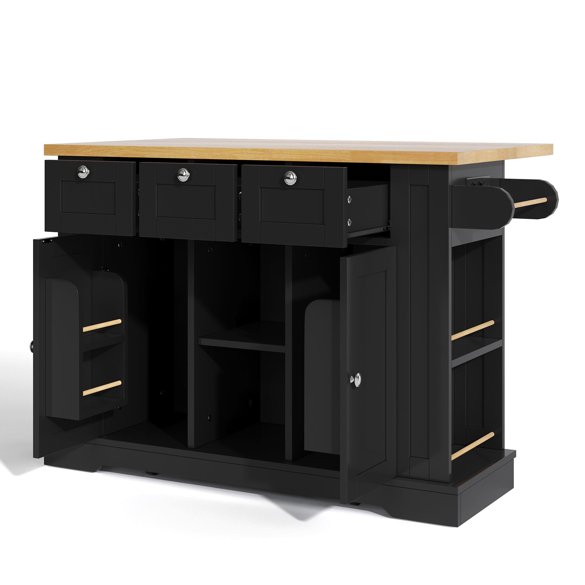 Isla de cocina móvil con encimera abatible, tres cajones y dos compartimentos de armario, 132x40/70x87 cm, Negro | Aosom España