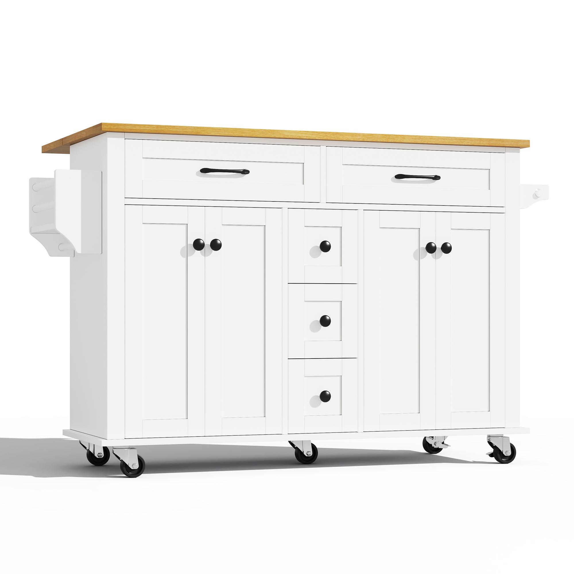 Carrito de cocina multifuncional con encimera abatible, 140x40/65x89 cm, Blanco+Color natural | Aosom España