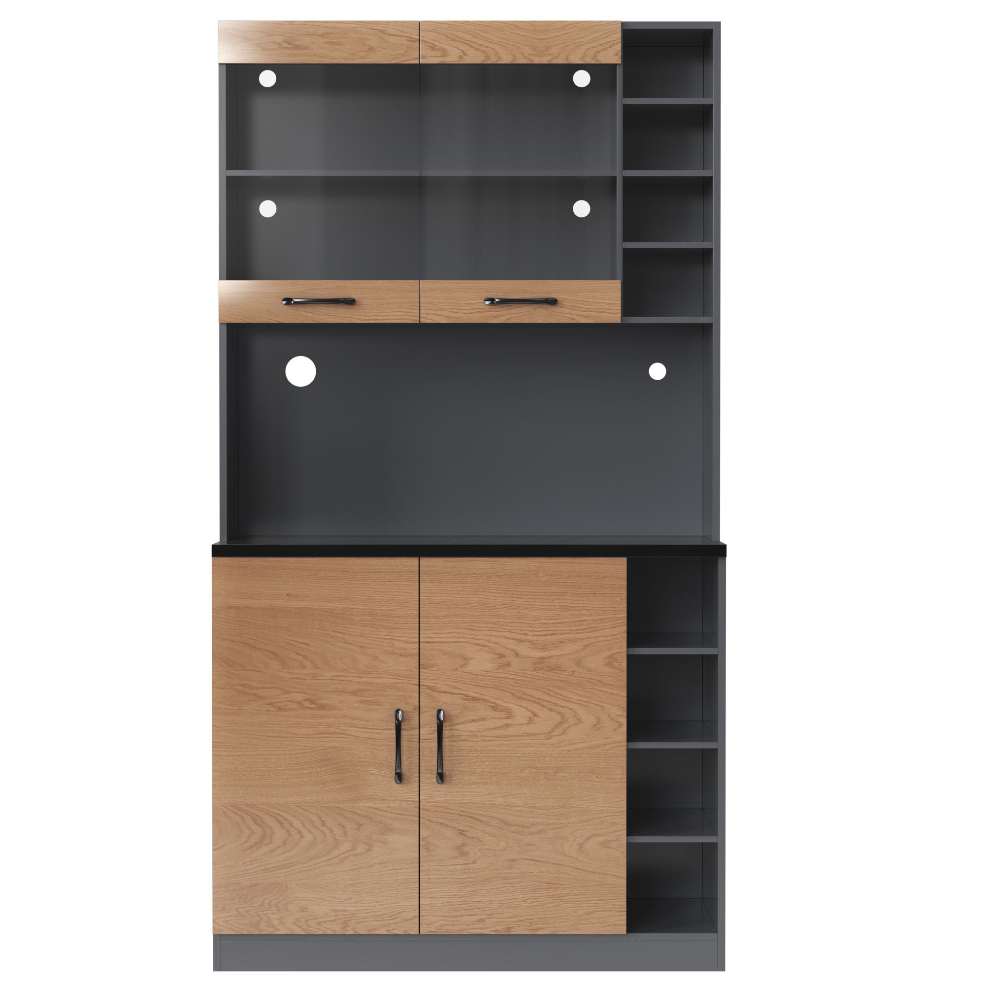 Aparador alto de cocina, compartimento de cristal reforzado y iluminación LED ambiental, estantes laterales ajustables en altura 100x47x187 cm, Color natural | Aosom España