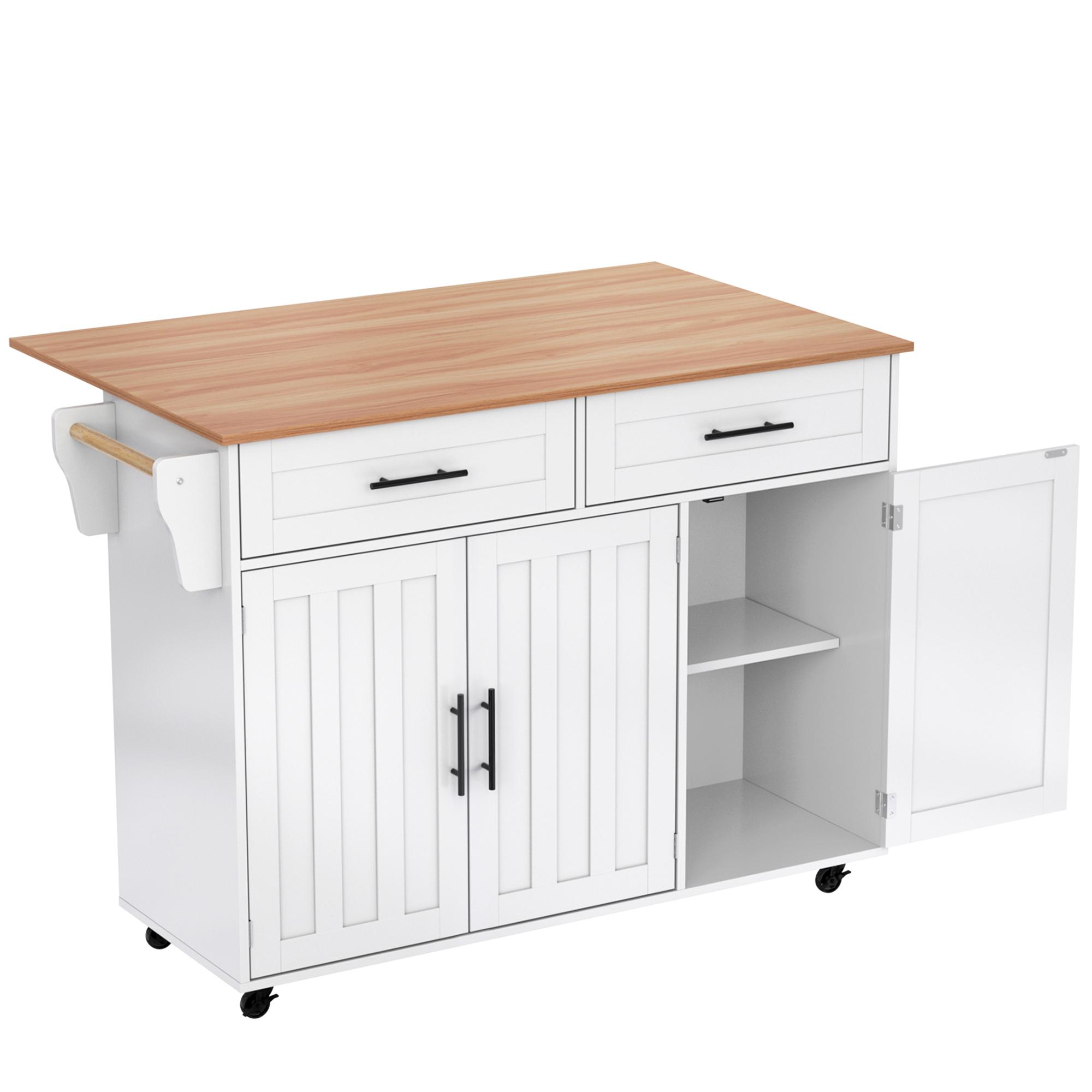 Isla de cocina con 5 ruedas, tablero de mesa abatible, 129x46/71x91,5 cm, Blanco+Color natural | Aosom España