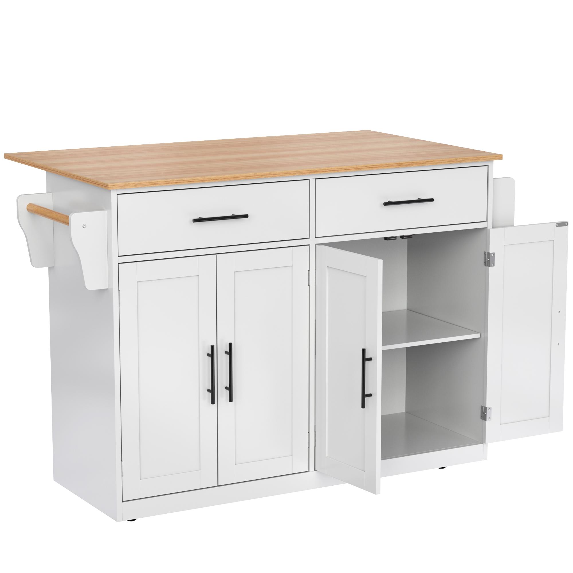 Carrito de servicio con tablero abatible, 2 cajones y puertas dobles, 136x46/71x91,5 cm, Blanco+Color natural | Aosom España