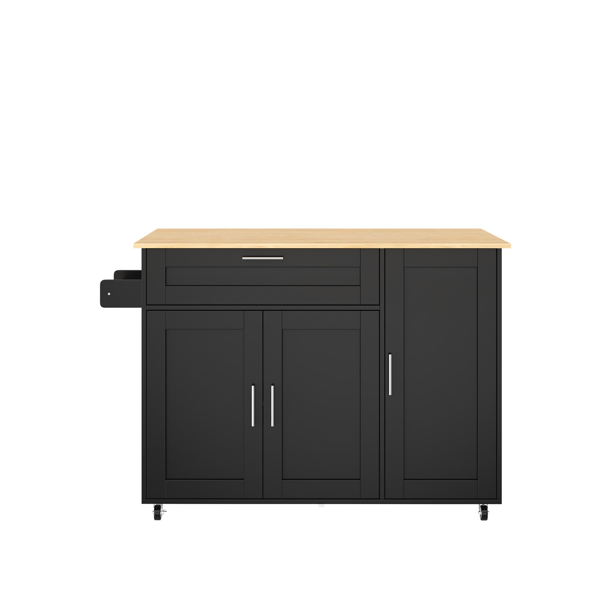 Mesa de cocina móvil con encimera abatible, cajón, estante para especias, toallero, 132,5x44/70x90 cm, Negro+Color natural | Aosom España