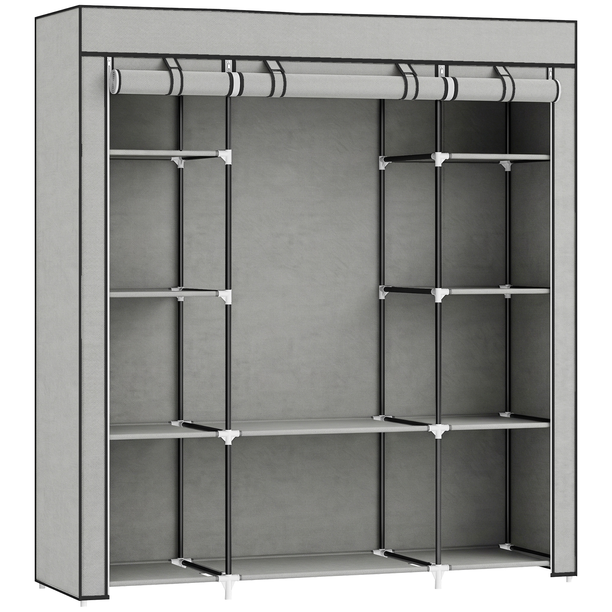 HOMCOM Clothes Storage Organiser with Hanging Rail, Shelves, Portable Wardrobe, Foldable Fabric Wardrobe, Light Grey