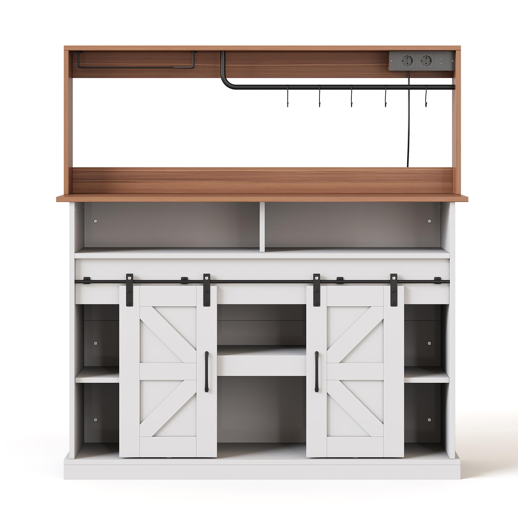 Aparador Kaffeebar, estilo casa de campo con puertas correderas, aparador con espacio de almacenamiento, 120x40x130 cm, Blanco+Color natural | Aosom España