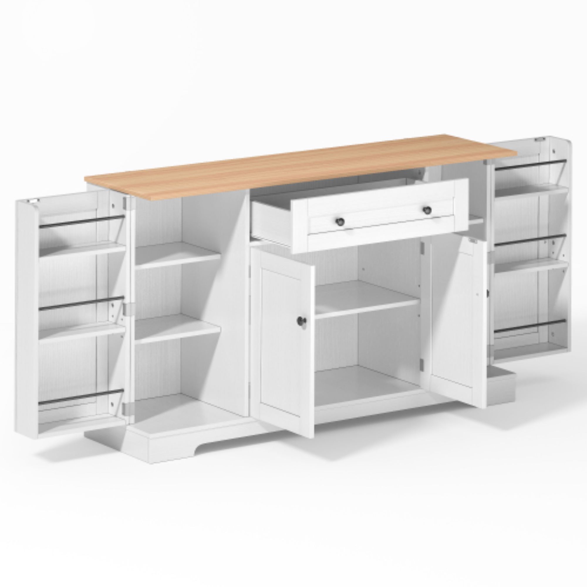 Aparador de cocina multifuncional, con cajón y puertas de estantería, diseño moderno, 138x40x85 cm, Blanco+Color natural | Aosom España