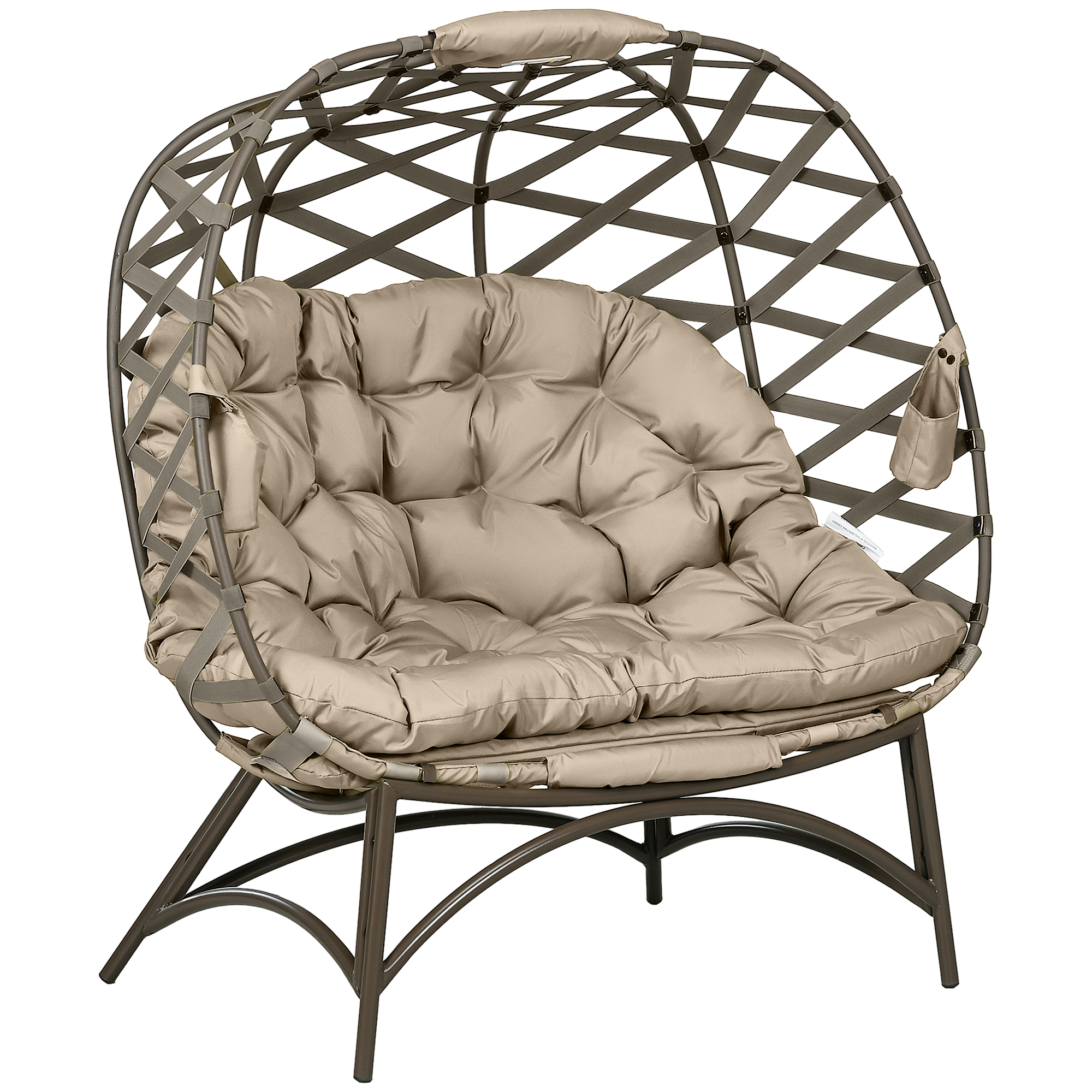 Outsunny Khaki 2 Seater Egg Chair Outdoor, Folding Weave Garden Furniture Chair With Cushion, Cup Pockets