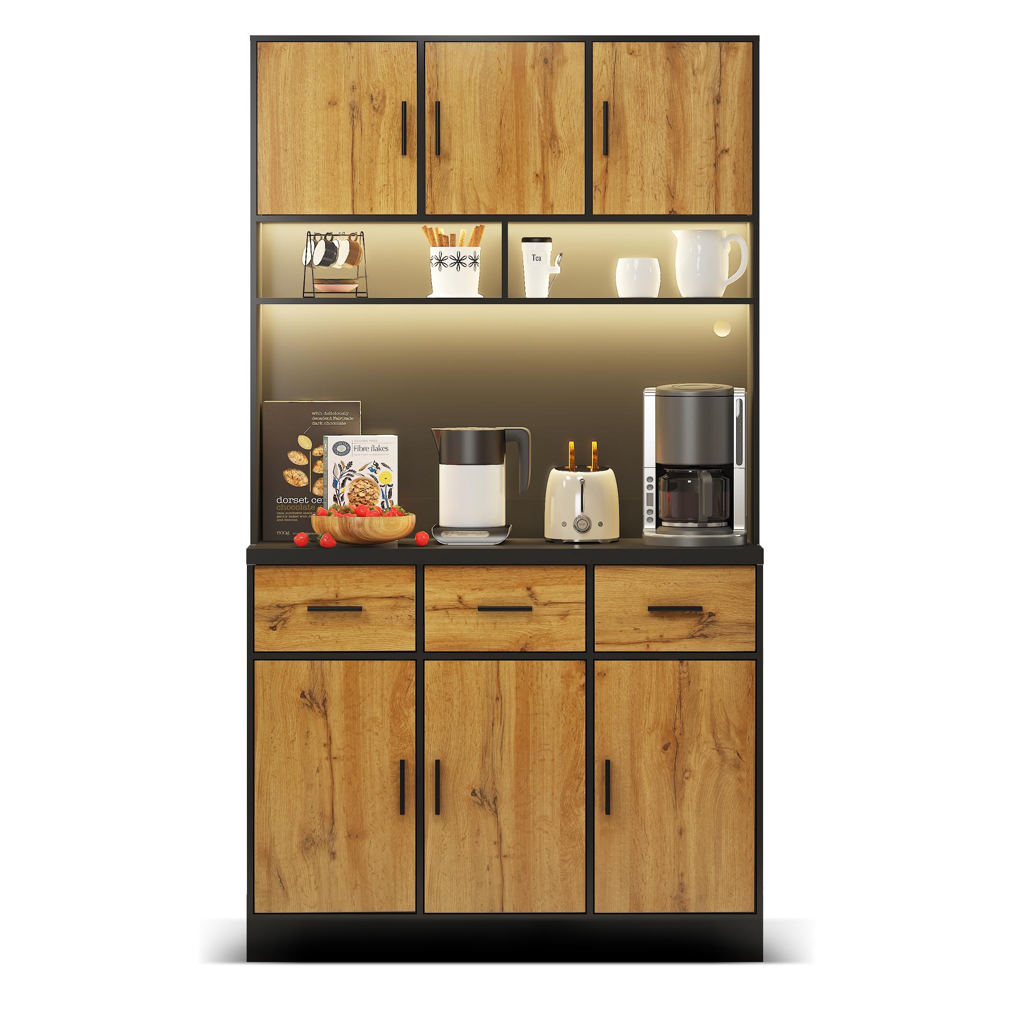Buffet de cocina multifuncional, 3 cajones silenciosos y 6 puertas de armario, 100x40x180 cm, Color natural | Aosom España