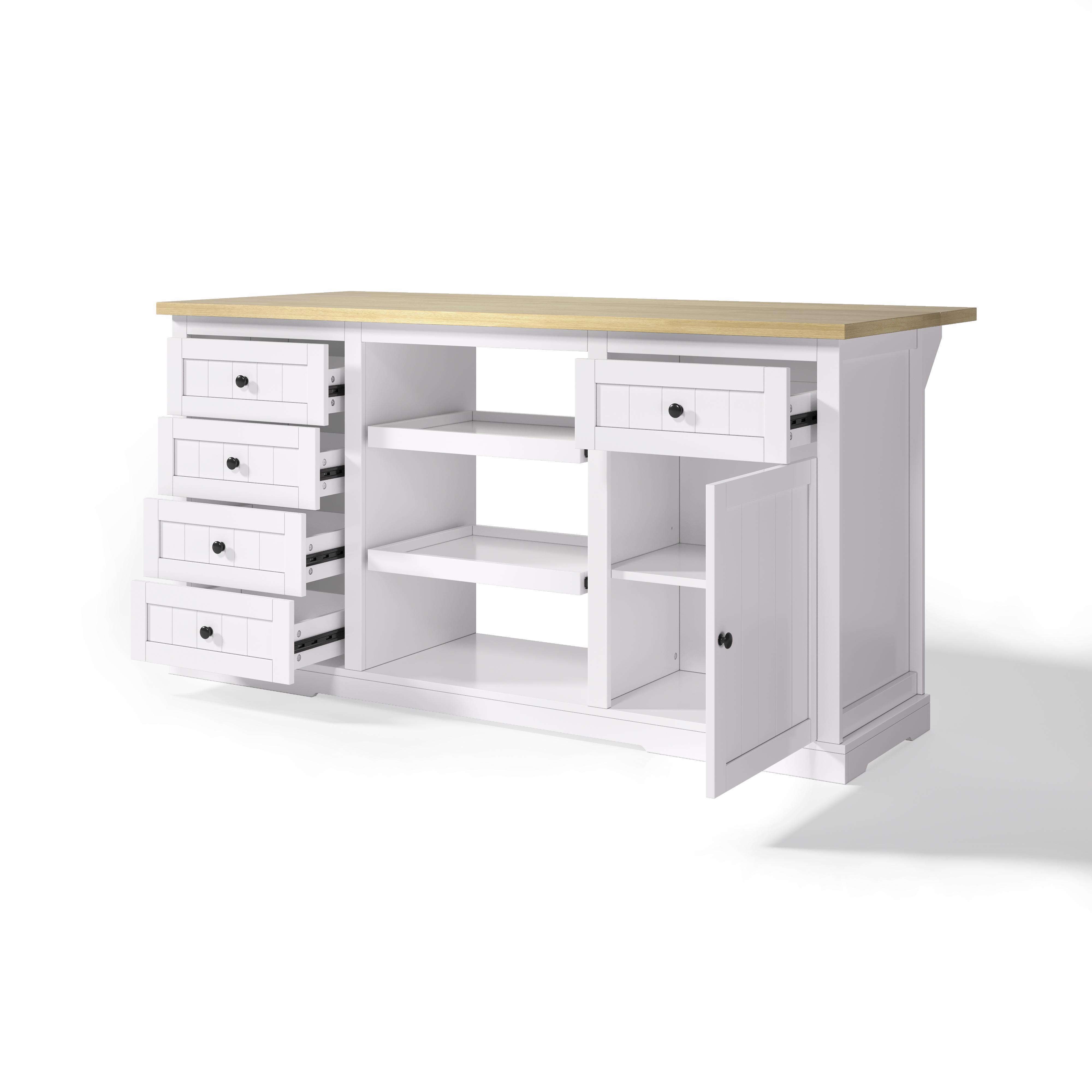 Isla de cocina con tablero extensible abatible, 5 cajones y 2 baldas extraíbles, 150x45/65x75,5 cm, Blanco | Aosom España
