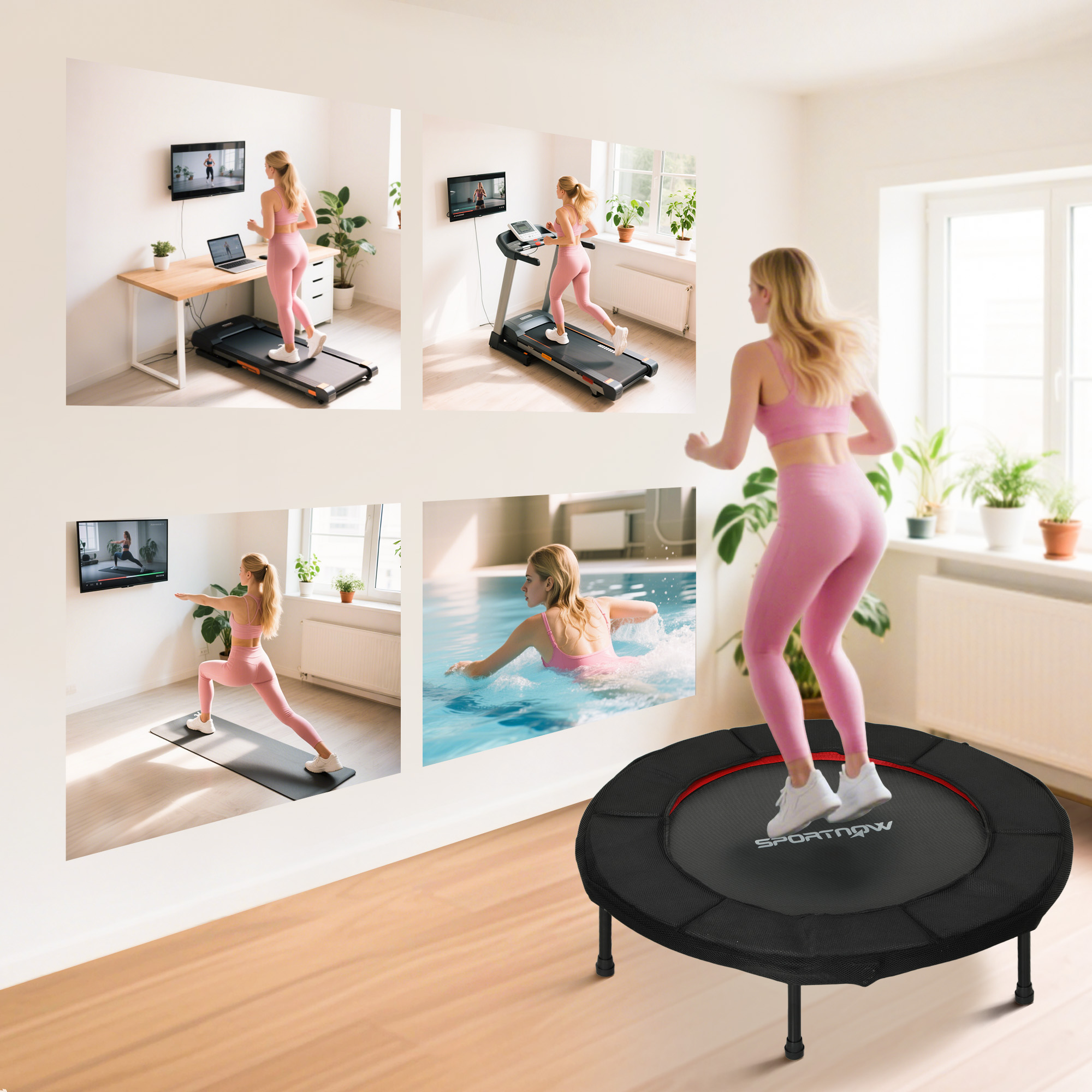 SPORTNOW Trampoline Fitness 102 Cm – Pliable, 28 Ressorts, Cadre Acier, Charge 100 Kg, Antidérapant, Pour Maison, Gym, Bureau