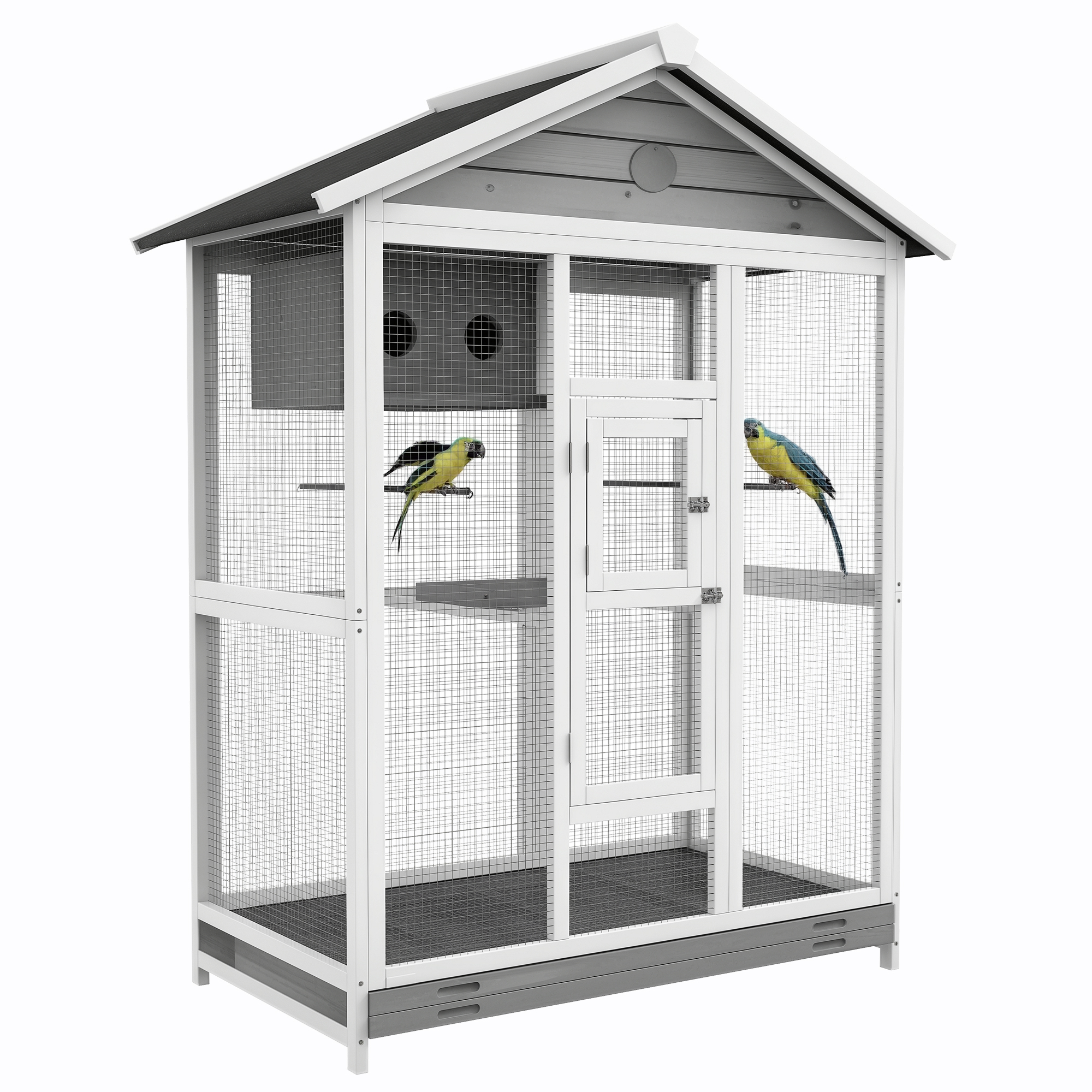 PawHut houten vogelkooi, ruime 4 zitstokken, waterdicht, stevig asfaltdak, ideaal voor buitengebruik, 112 x 68 x 154 cm, grijs | Aosom.nl