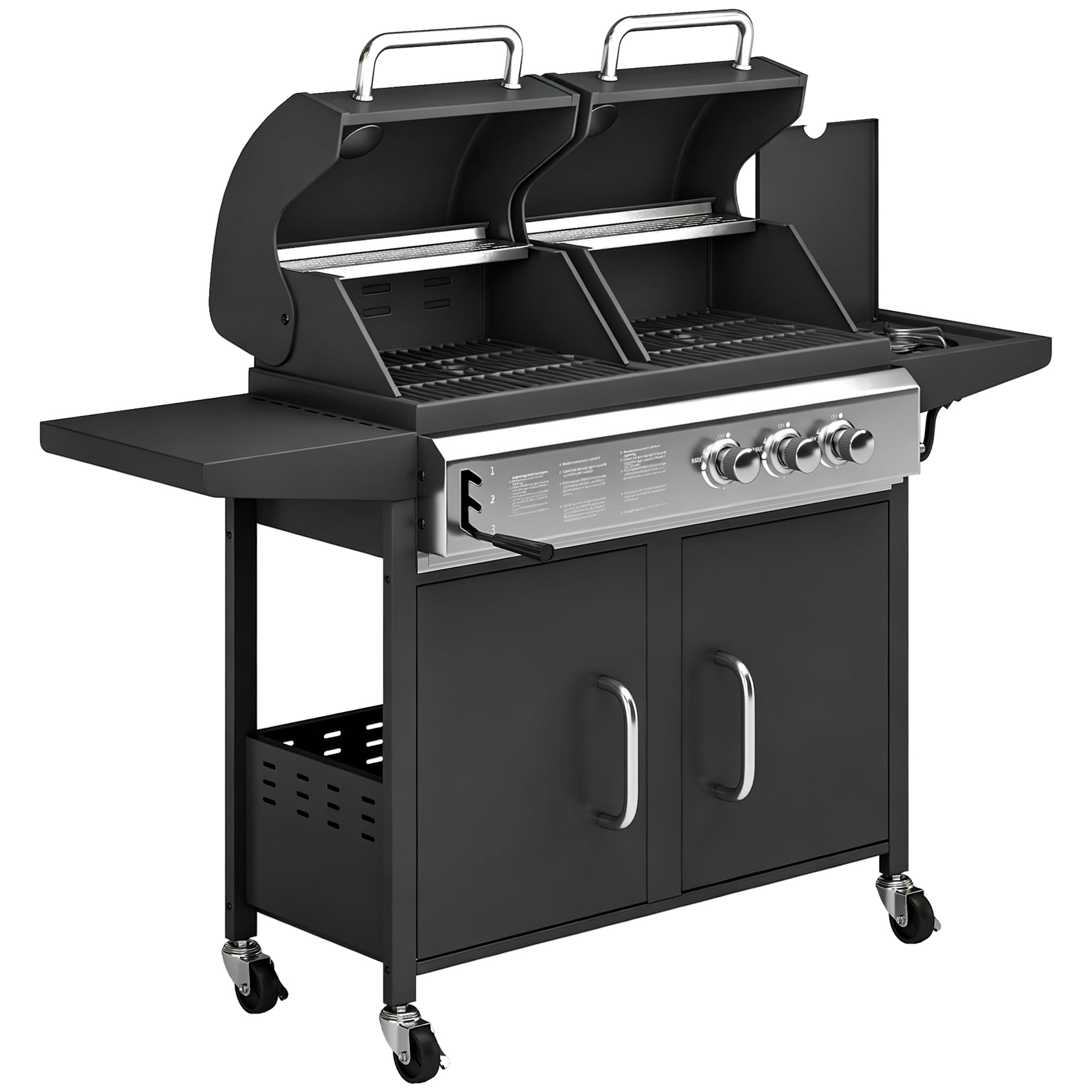 Outsunny Black 2+1 Burner Hybrid Dual Fuel Bbq Gas Grill, 2-In-1 Propane & Charcoal Barbecue Grill Smoker Combo With Wheels,