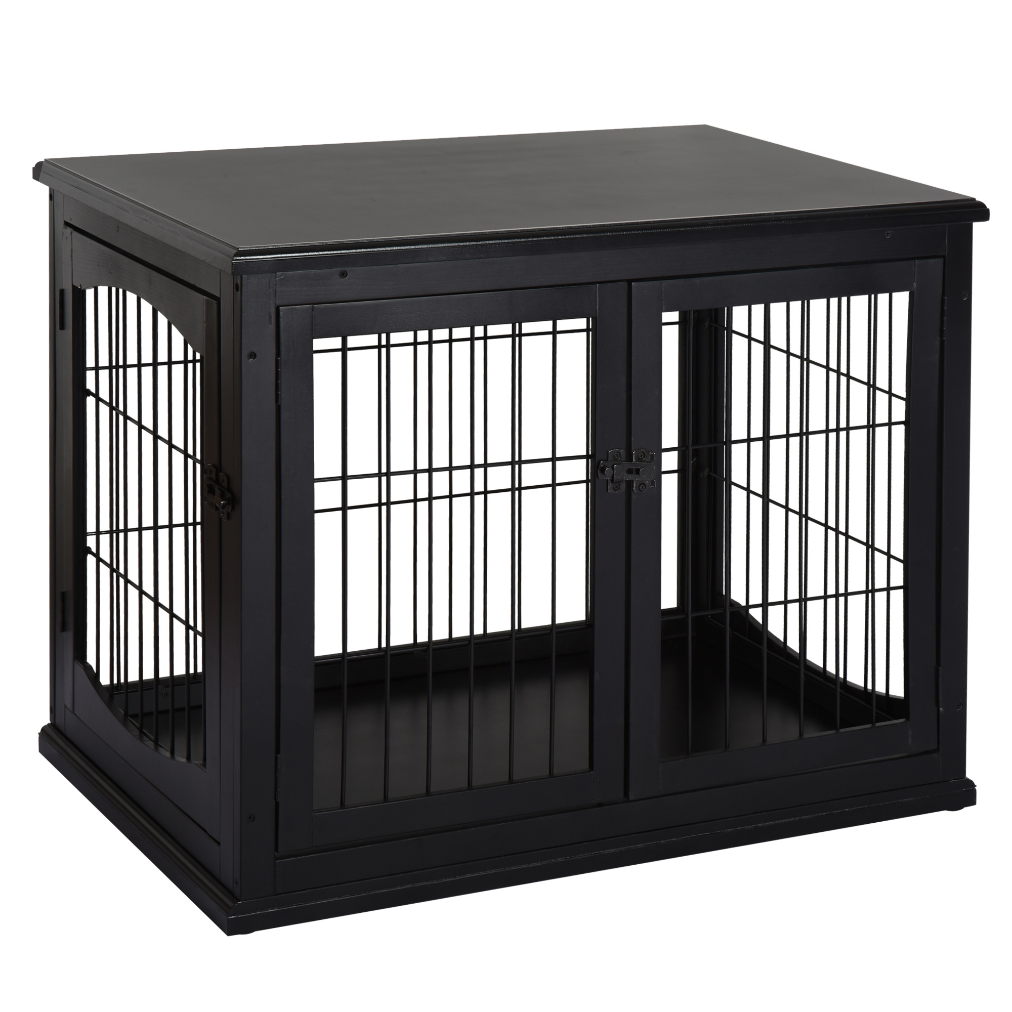 PawHut Hondenkooi 2 Deuren MDF Metaal Zwart Binnenhuis Opbergdak 81x58.5x66 cm Veilig Slot 30 kg Waterbestendig | Aosom.nl