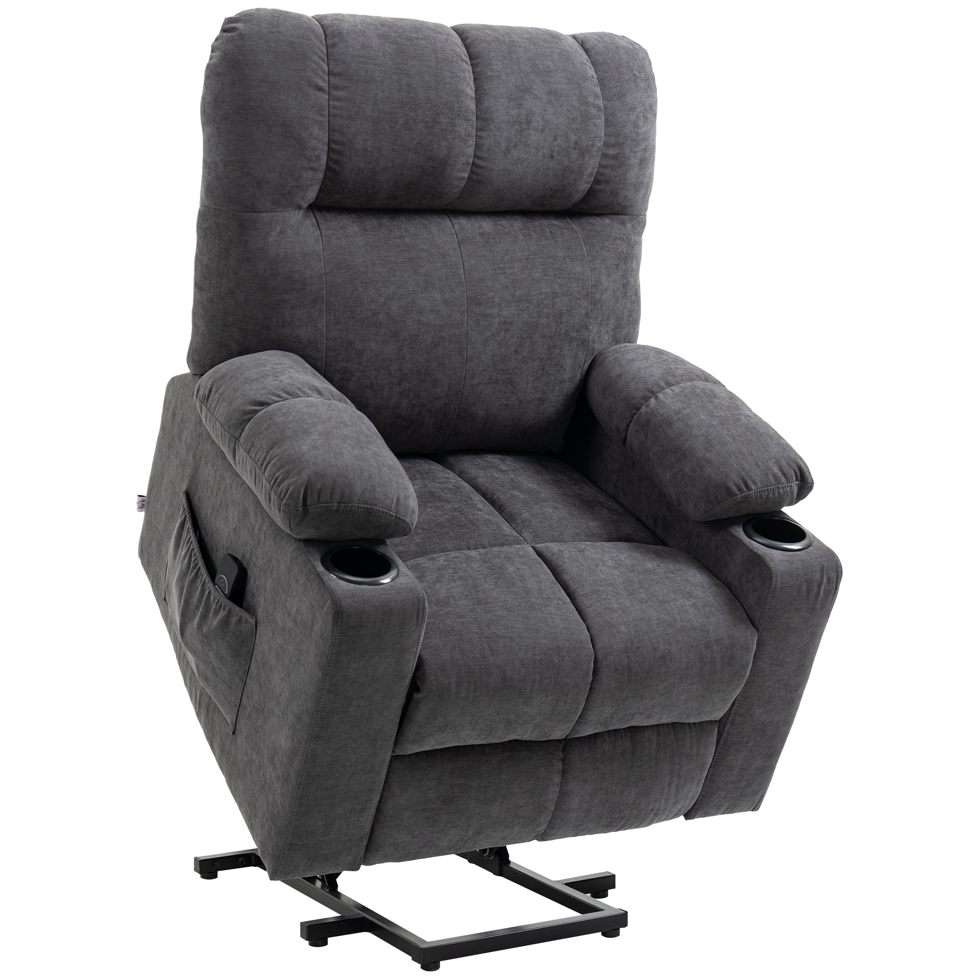 HOMCOM Opstaan Hulp Seniorenstoel Ligfunctie 8 Massagepunten Verwarming Donkergrijs 135° Kanteling 150kg Flanellen Stof | Aosom.nl
