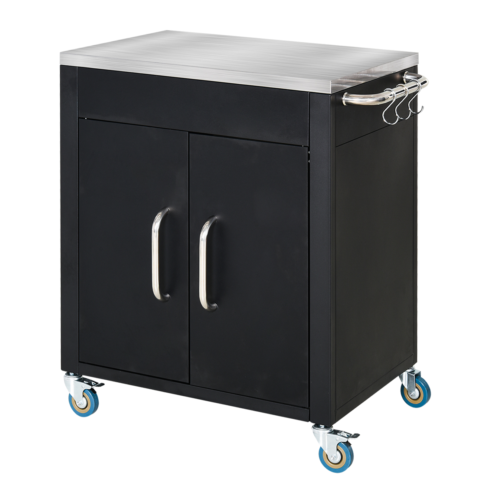 HOMCOM Keukenwagen Luxe serveerwagen met duurzaam RVS werkblad, opbergkast, zwenkwielen met rem, haken, tot 15 kg, zwart, 86x50x84,5 cm | Aosom.nl