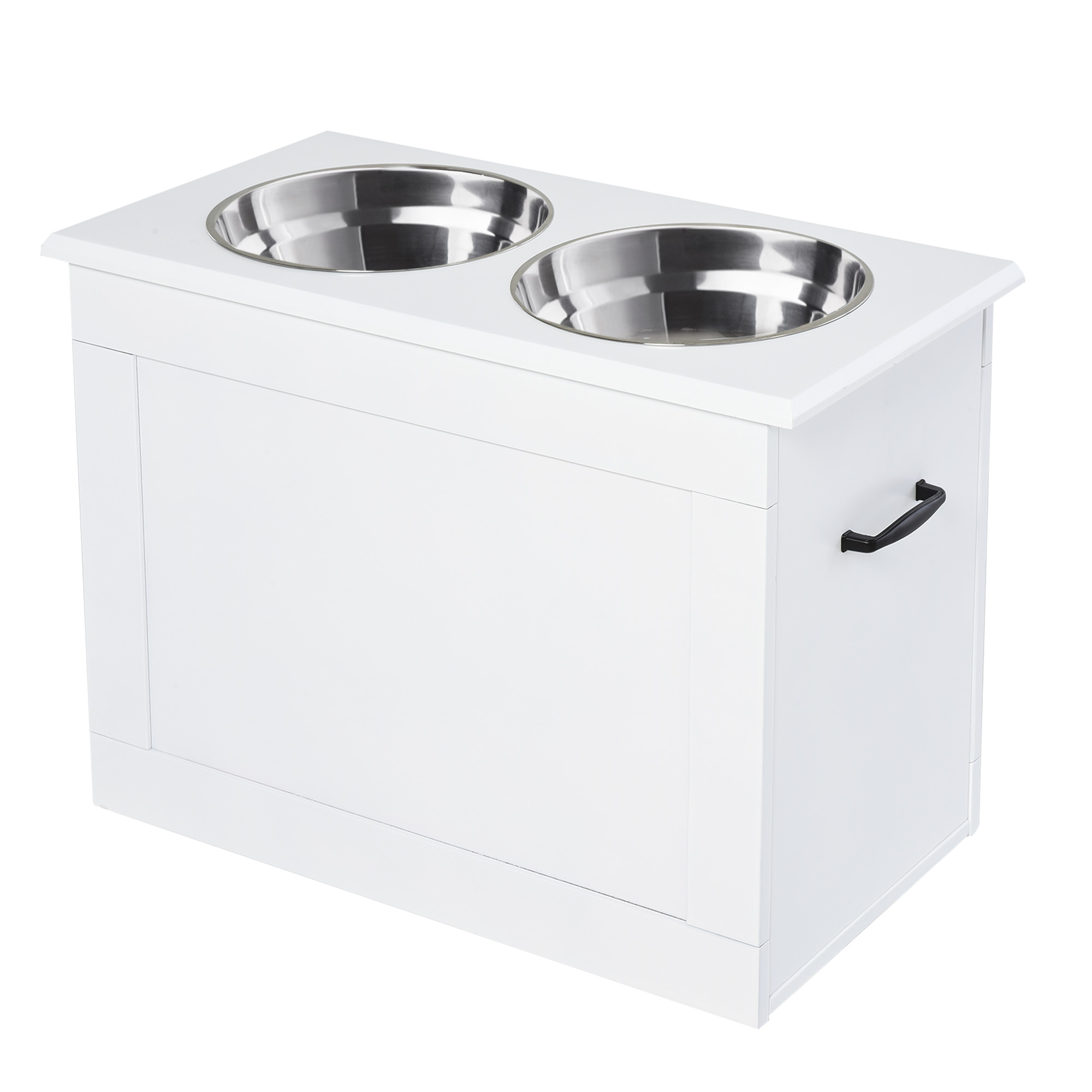PawHut hondenvoerbak met opbergruimte, 2 bakken, praktisch voerstation, duurzaam MDF en roestvrij staal, 60 x 30 x 10 cm, wit | Aosom.nl