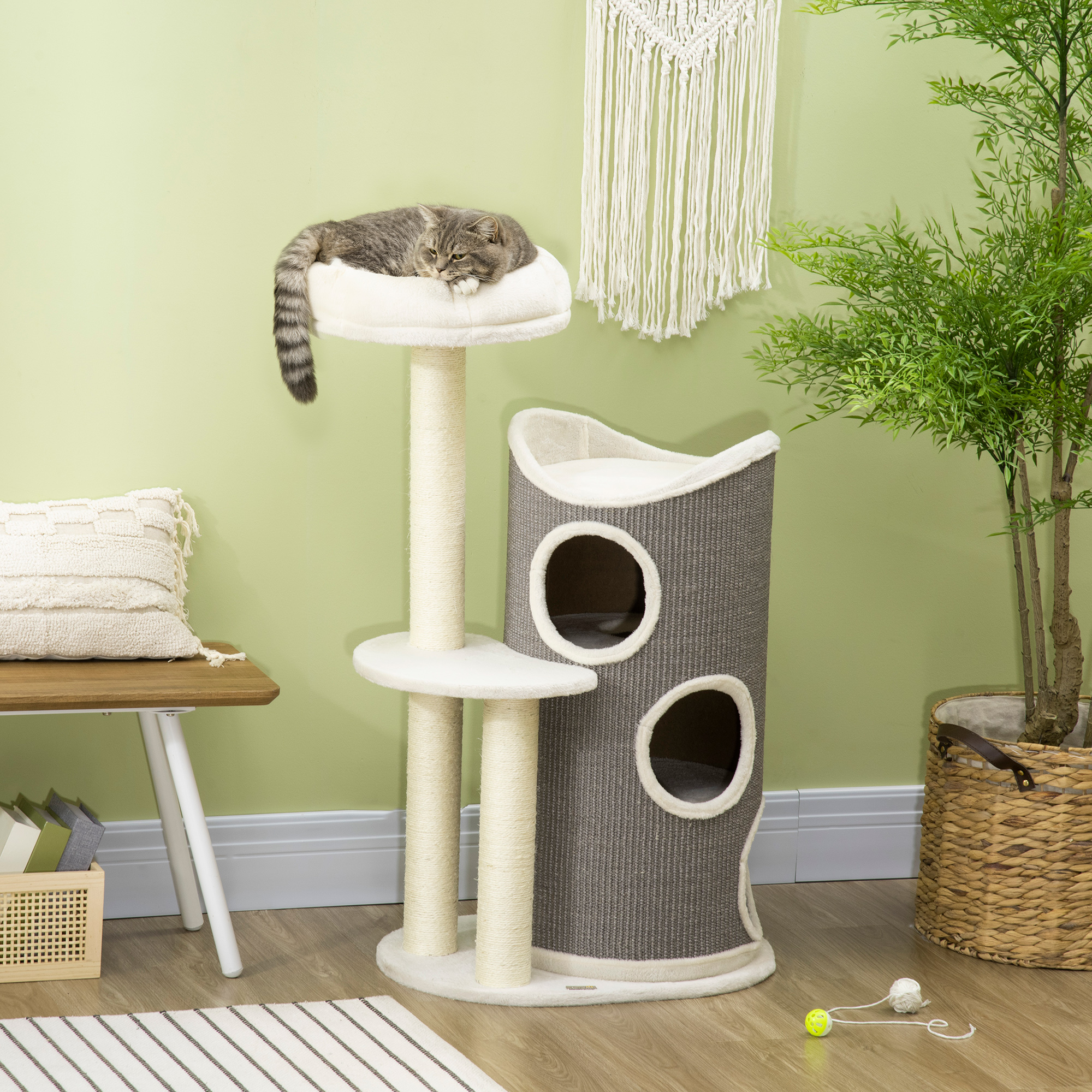 Homcom Krabpaal Kattenklimboom met Sisal Stammen, Meerdere Verdiepingen voor Klauwen Slijpen & Spelen tot 5 kg 60x44,5x109 cm Wit, Grijs | Aosom.nl afbeelding