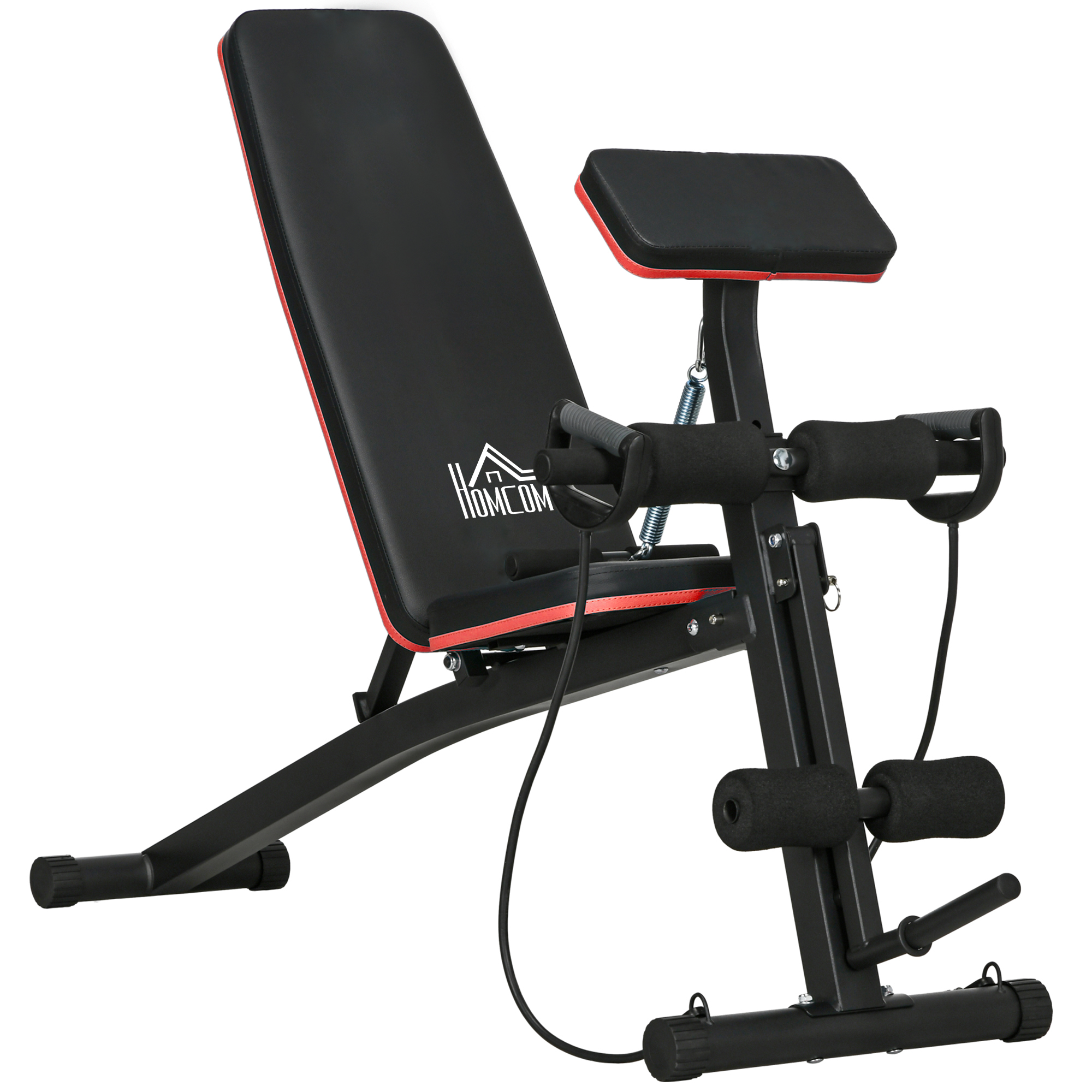 Banc De Musculation Pliable HOMCOM – Inclinable 7 Niveaux – 120 Kg – Sangles Élastiques + Support Haltères – Acier Noir/Rouge