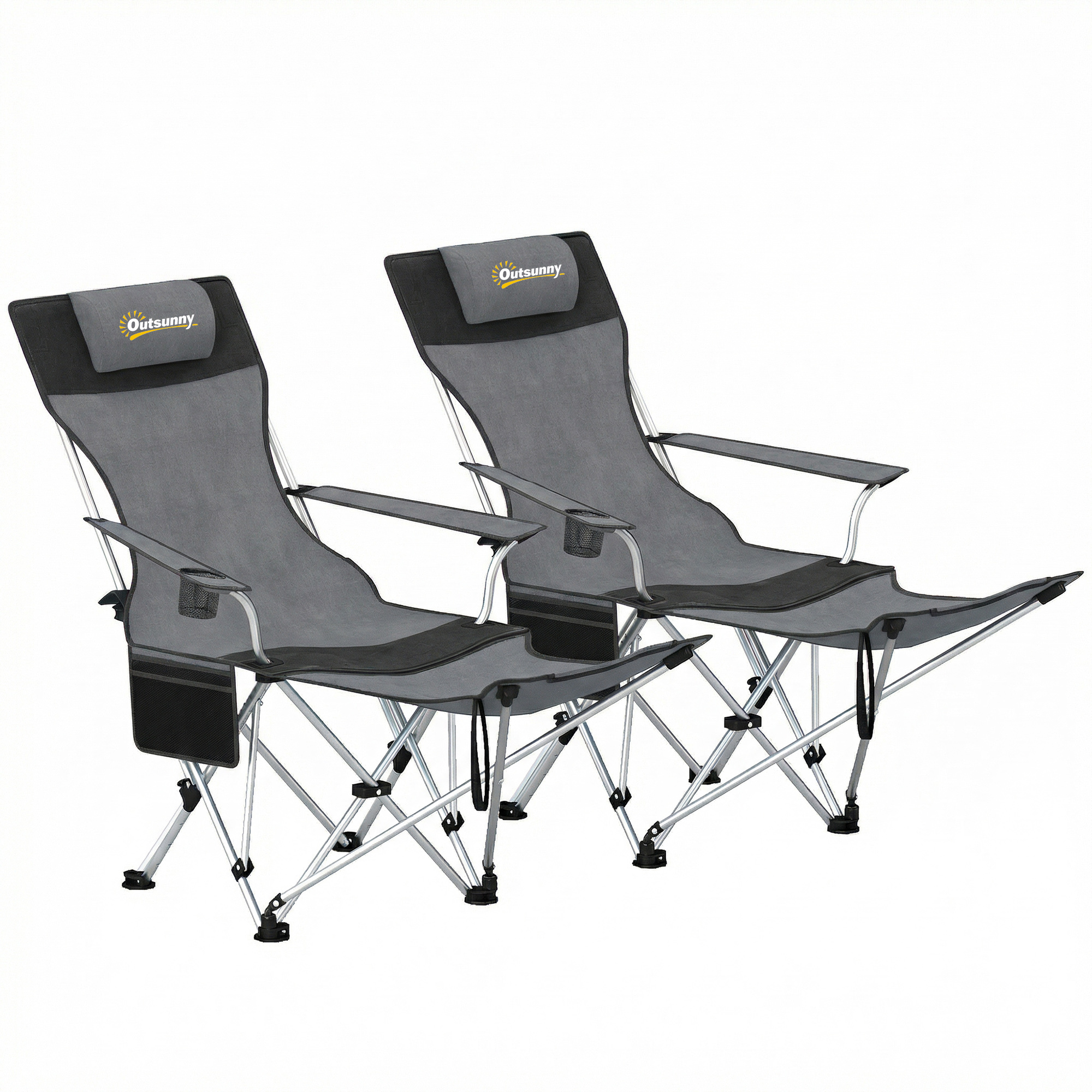 Outsunny Set van 2 opvouwbare campingstoelen, visstoel met afneembare voetsteun en bekerhouder, draagbaar tot 120 kg, grijs