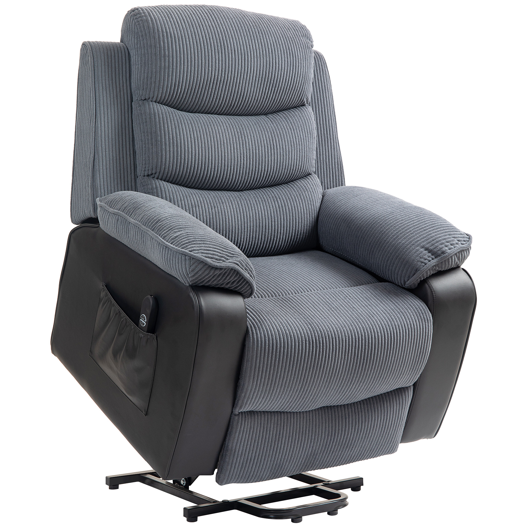 HOMCOM Sta-op-stoel met zachte corduroybekleding, verstelbare fauteuil met afstandsbediening en zijvakken, donkergrijs