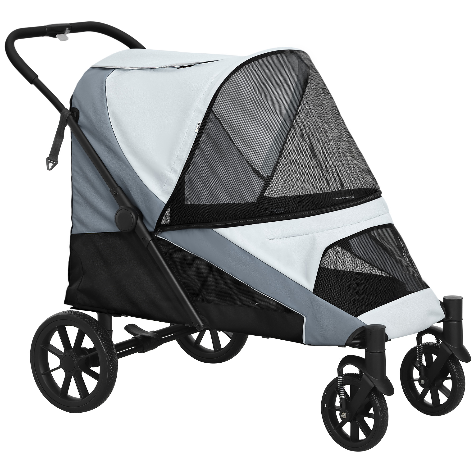 PawHut Hundewagen Hundebuggy klappbar für große Hunde & Katzen bis 30 kg Katzenbuggy mit Kissen Netzfenstern Türen Aufbewahrungstasche Katzenwagen mit Sicherheitsleinen, Bremsen, Buggy Grau Aosom