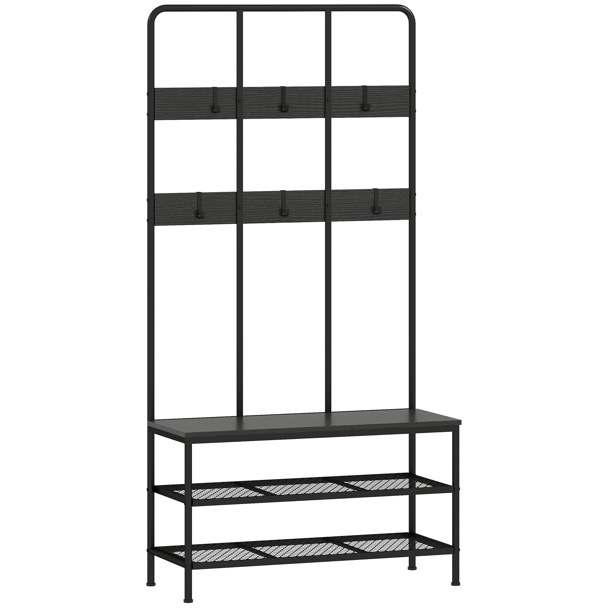 HOMCOM Ruime 3-in-1 Garderobe Zitbank 110 kg 6 Haken 2-Lagen Schoenplank Zwart Metaal Spaanplaat Frame Hal Opberg | Aosom.nl