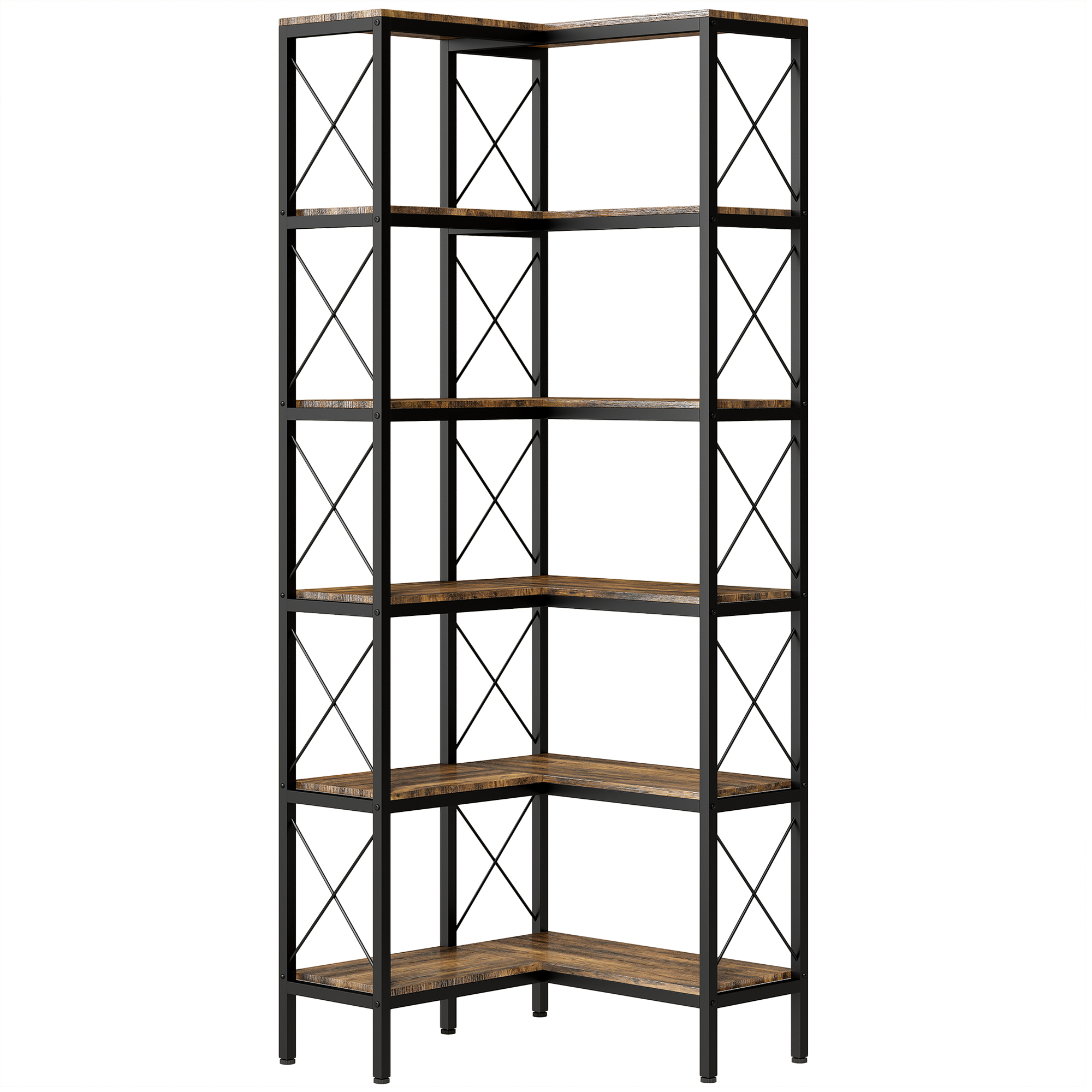 HOMCOM 5-Tier L-Shaped Bookshelf, Freestanding Corner Bookcase with Metal Frame, Rustic Brown