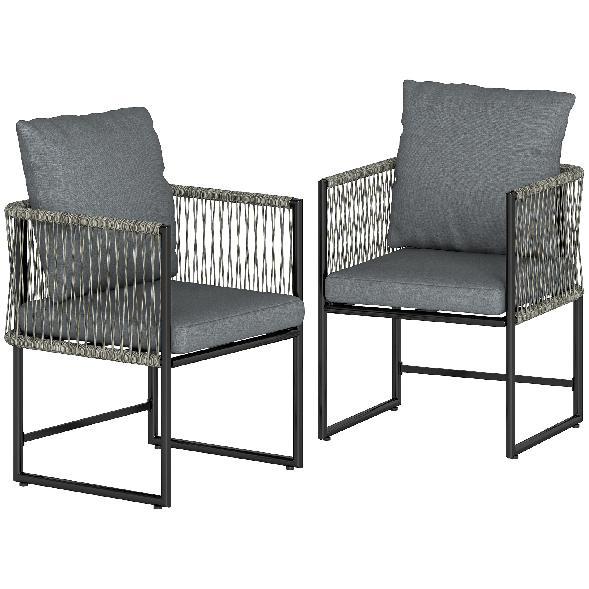 Outsunny Tuinstoel set van 2 weerbestendige tuinstoelen van staal en PE-rattan met kussen armleuning rugleuning 52x52x66 cm Donkergrijs