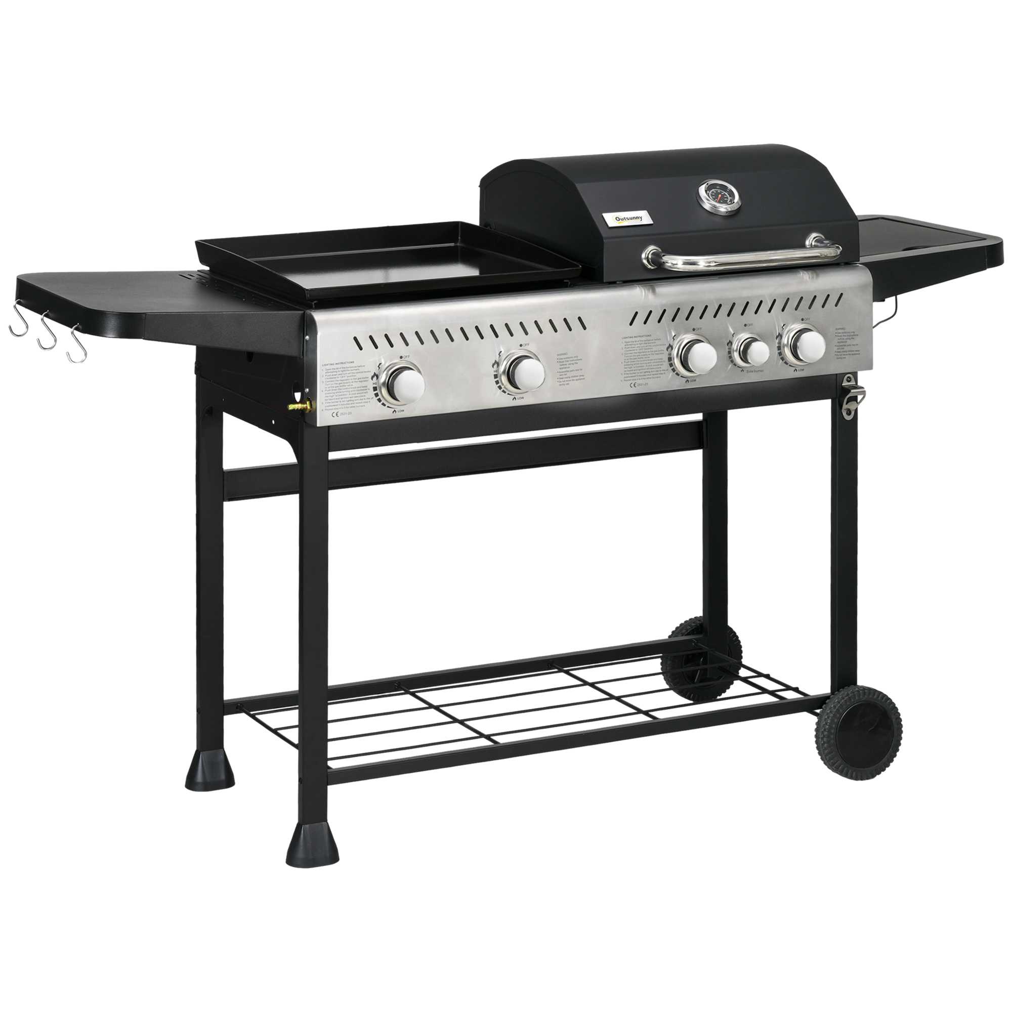 Outsunny 15 kW Gas BBQ Grill and Plancha with Side Burner, Black
