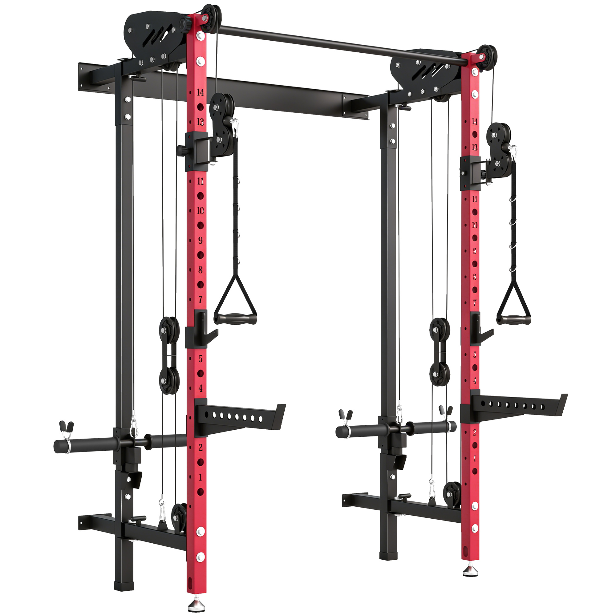 SPORTNOW Station de Musculation Pliable 700 kg Hauteurs Réglables avec Poulies Doubles, Supports de Barre, 184x123x209cm, Rouge