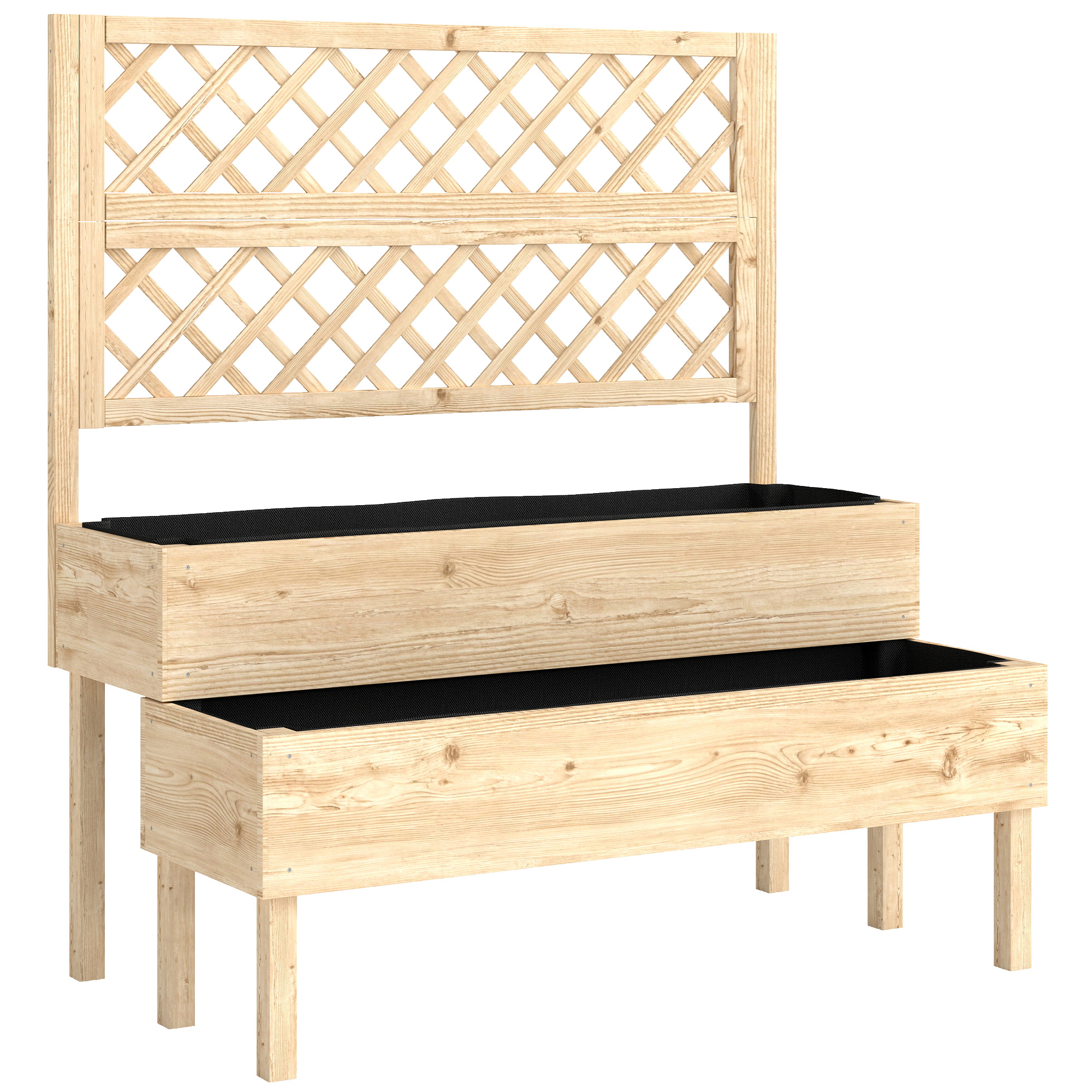 Outsunny Verhoogde plantenbak met trellis, 2-traps bloembak met 2 plantenbakken, hout 108 x 62 x 120 cm
