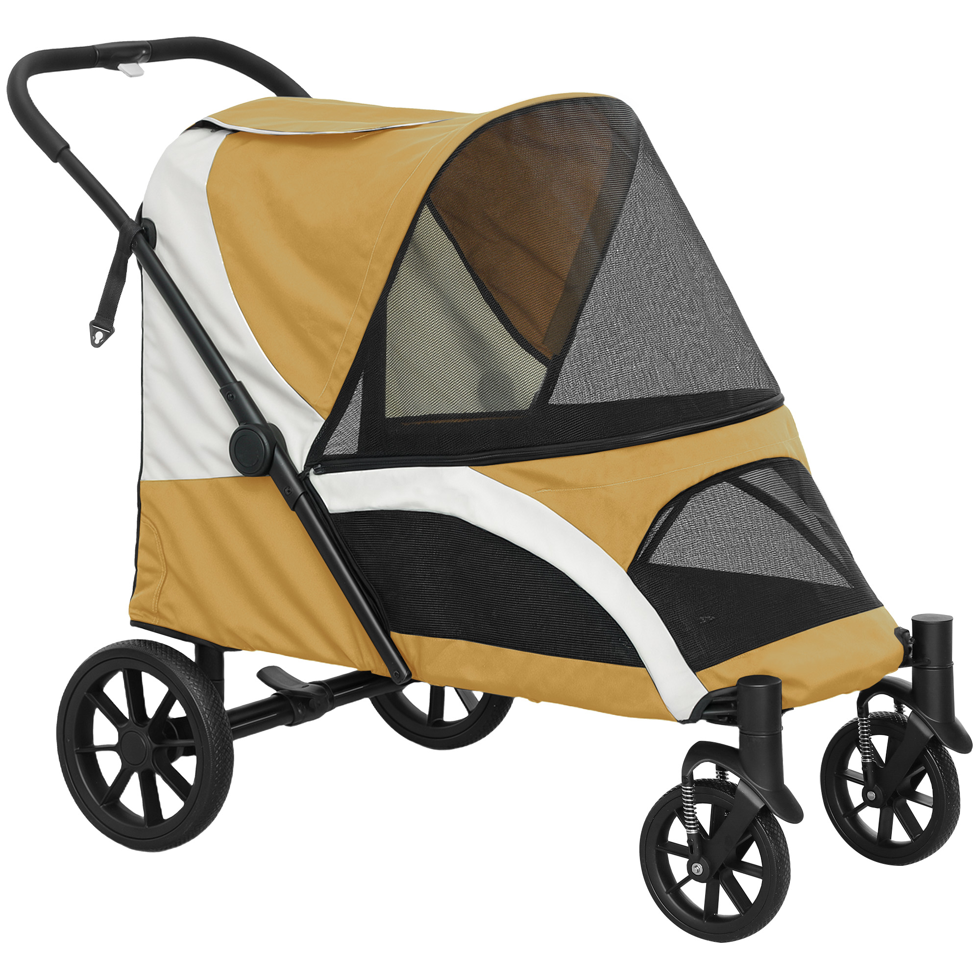PawHut Hundewagen Hundebuggy klappbar für große Hunde & Katzen bis 30 kg Katzenbuggy mit Kissen Netzfenstern Türen Aufbewahrungstasche Katzenwagen mit Sicherheitsleinen, Bremsen, Buggy Braun Aosom
