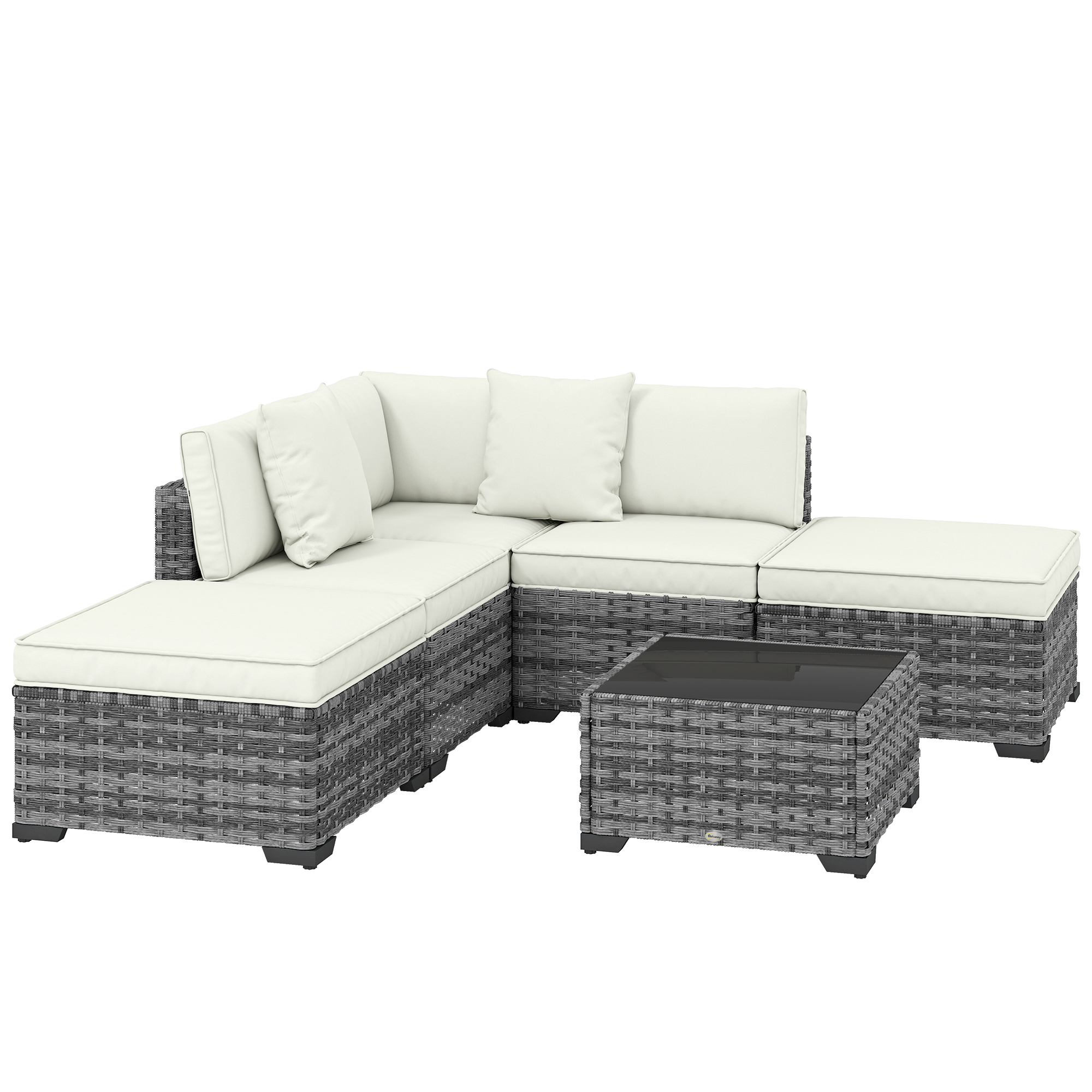 Outsunny Set Mobilier de Grădină din Ratan 6 Piese Fotoliu Colțar Canapele fără Brațe Suporturi pentru Picioare și Măsuță Gri Amestecat | Aosom Romania