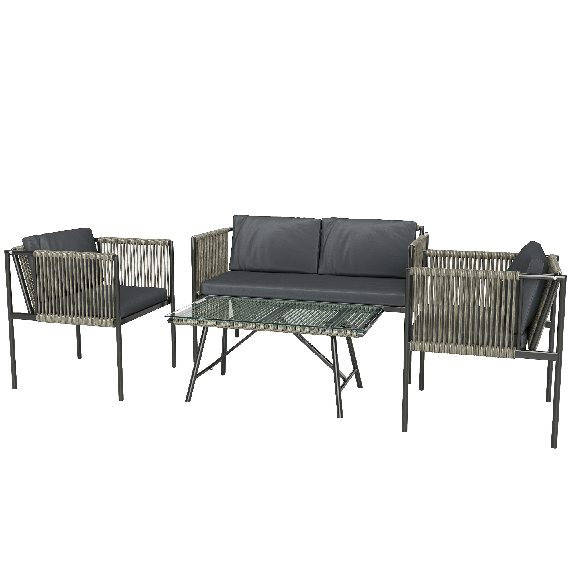 Outsunny 4-delig tuinmeubelset, 1 sofa, 2 fauteuils, 1 tafel met glazen blad, kussens, stalen frame, kunststof-rattan, grijs