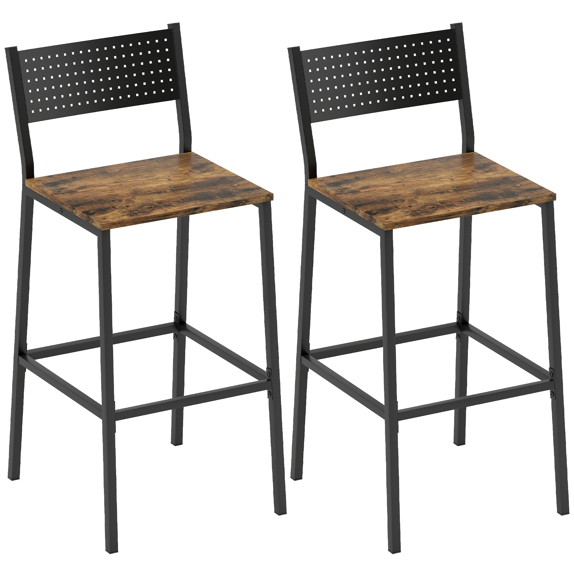 HOMCOM Set 2 Scaune Bar Stil Industrial cu Spătar și Suport pentru Picioare Maro | Aosom Romania