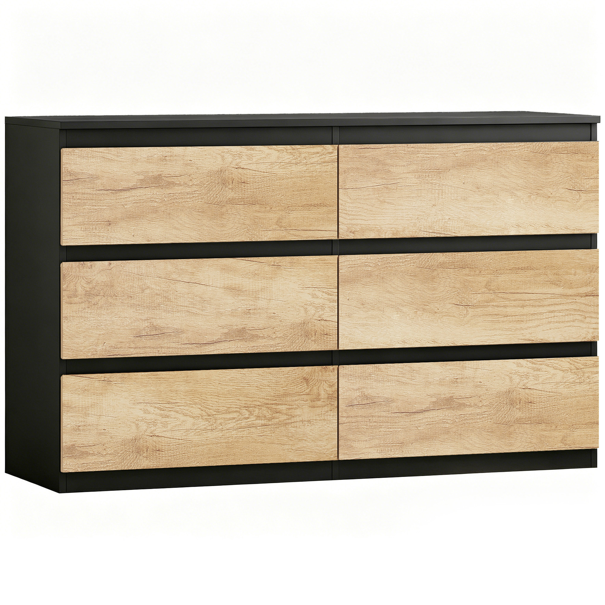HOMCOM Kommode 6 Schubladen, schmales griffloses Aufbewahrungsmöbel, moderner Stil, für Schlafzimmer, Wohnzimmer, Flur, 120 x 39 x 75 cm, schwarz und Eiche Aosom